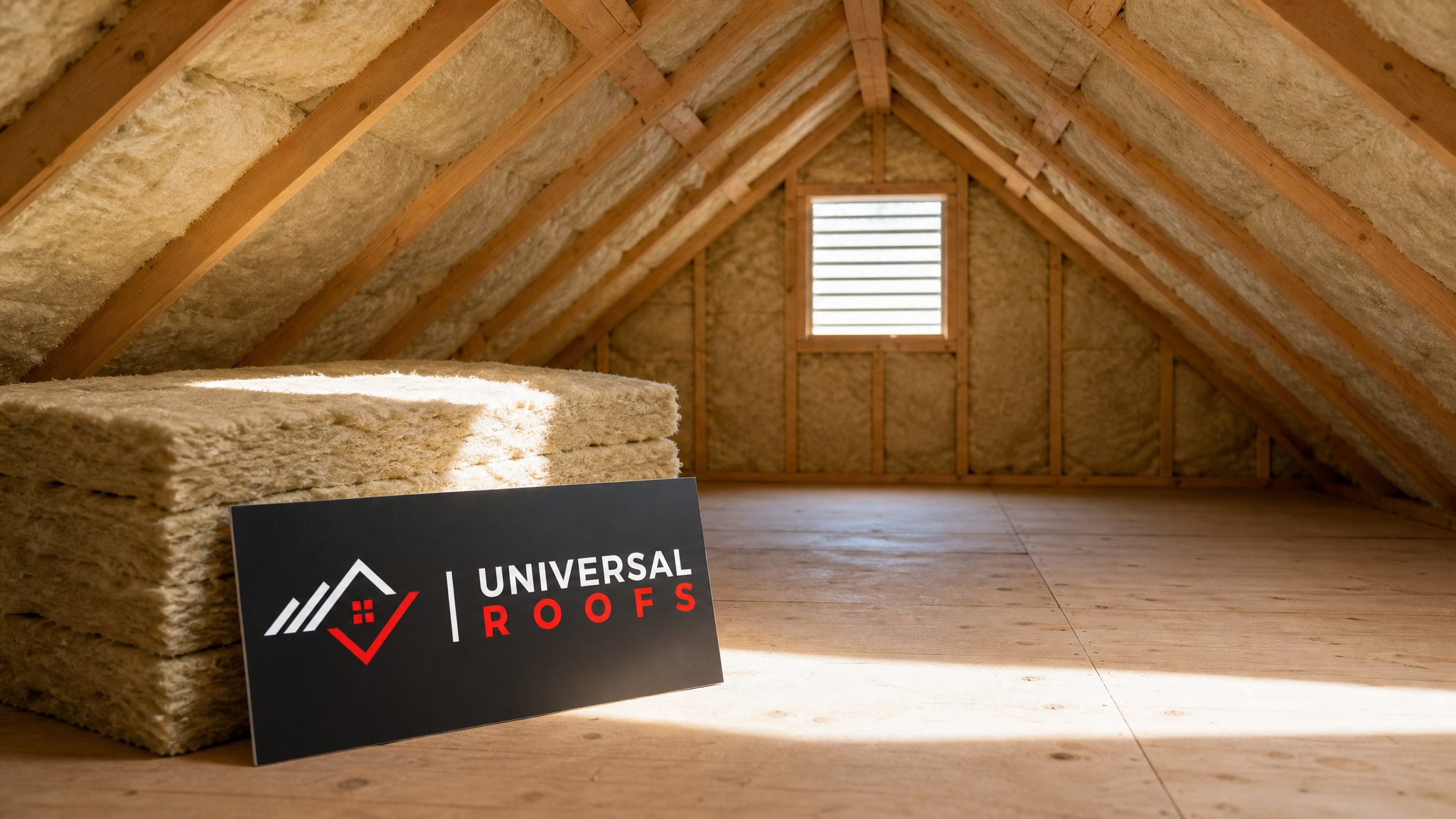 Bright, well-insulated attic space in a Toronto home showing sustainable eco-friendly roof insulation installed between rafters in summer daylight