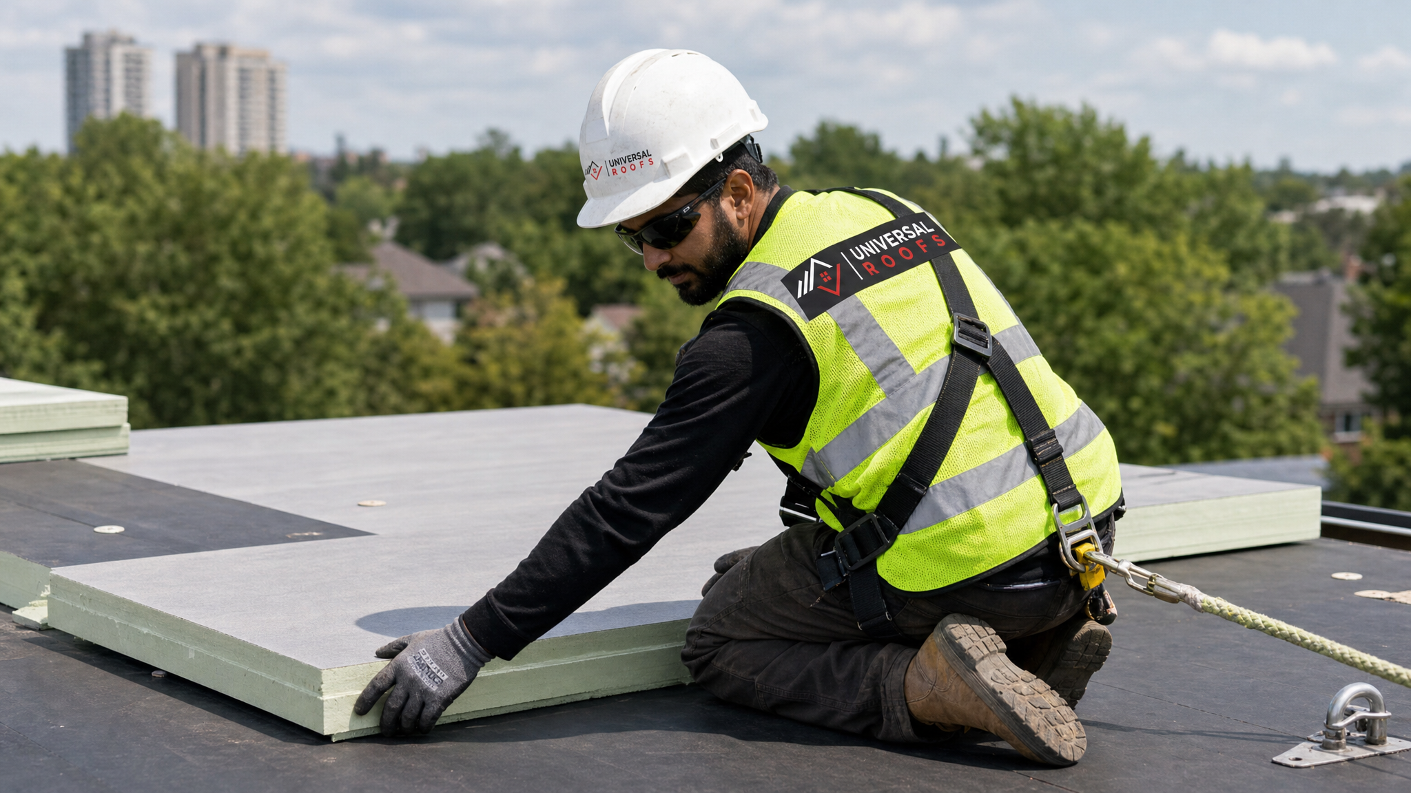 Roofing professional wearing full safety harness installing eco-friendly insulation board on a flat roof deck in Toronto