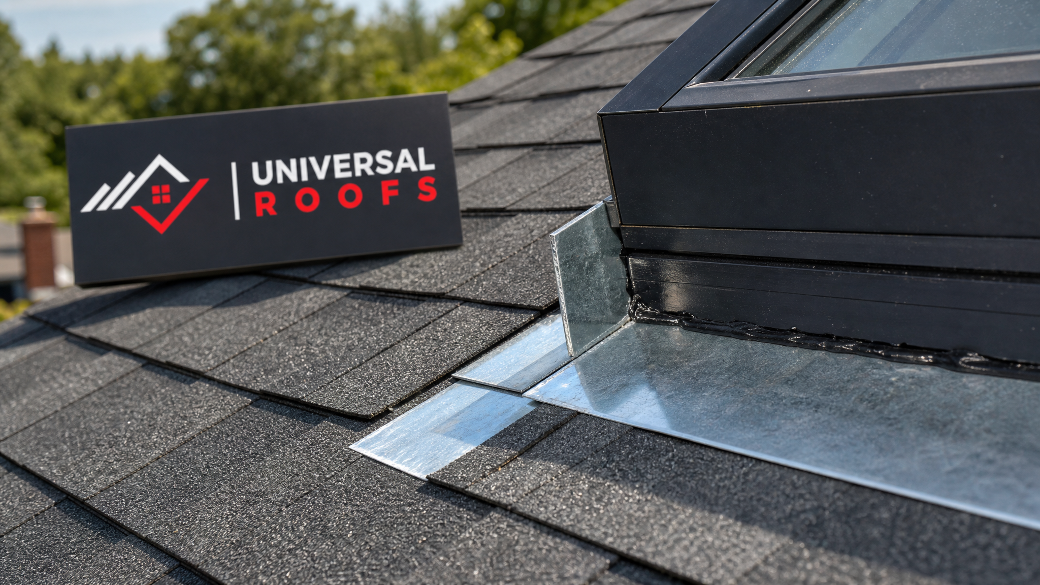 Close-up of new step flashing overlapping shingle courses beside a skylight frame on a pitched roof