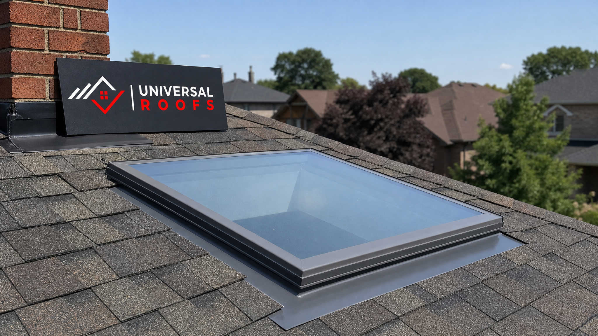 Newly repaired skylight on a pitched asphalt shingle roof in bright summer daylight with clean flashing and sealant lines