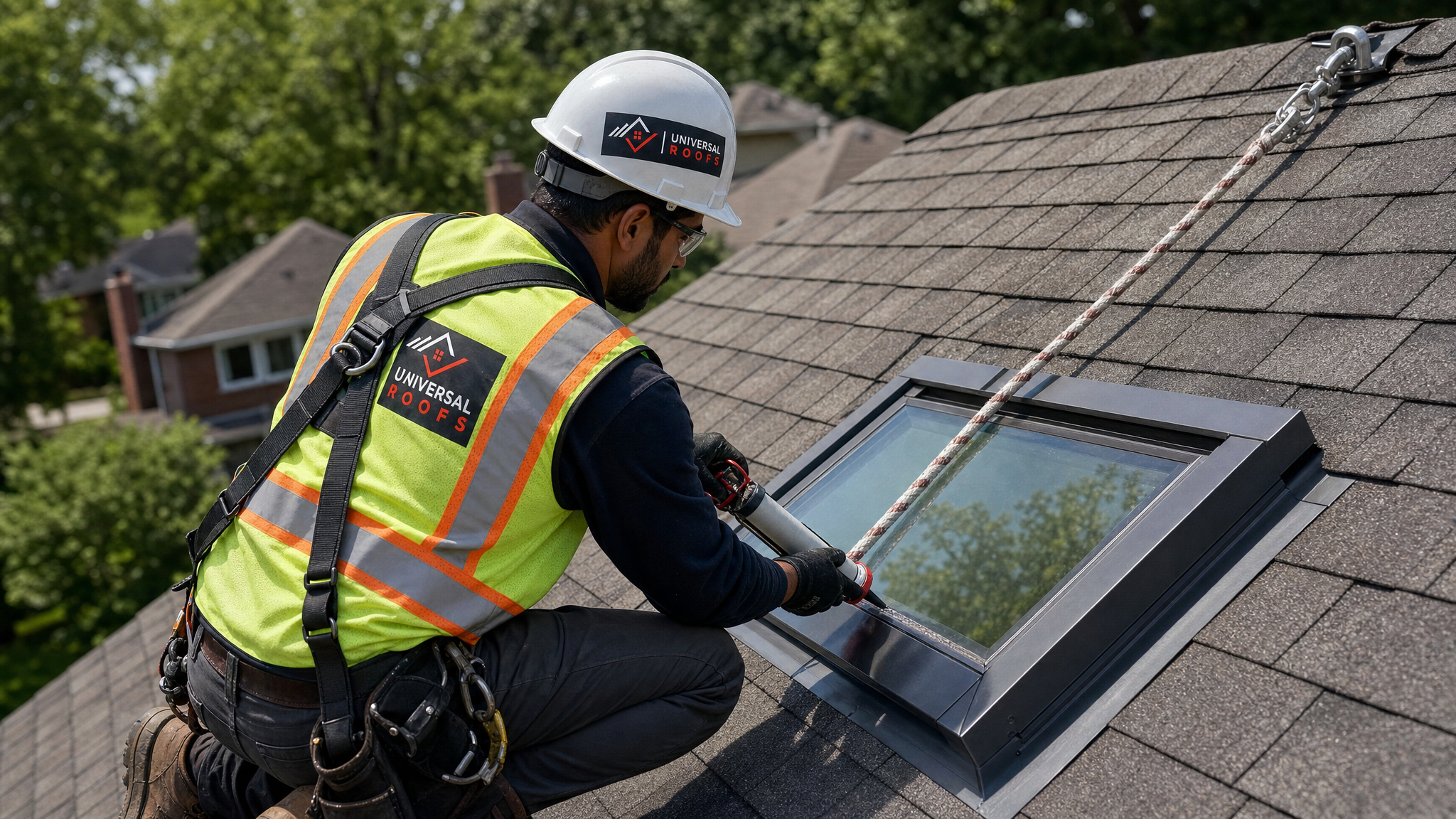 Roofer wearing full safety harness and PPE applying sealant around skylight flashing on a steep pitched roof