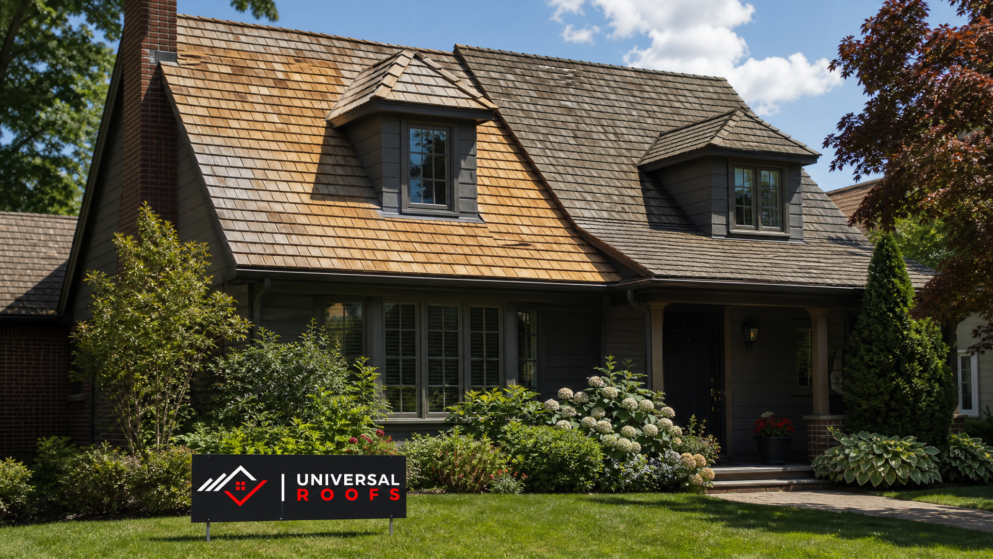 Repaired cedar shake roof on a Toronto-area home after hail damage restoration, shown in summer daylight