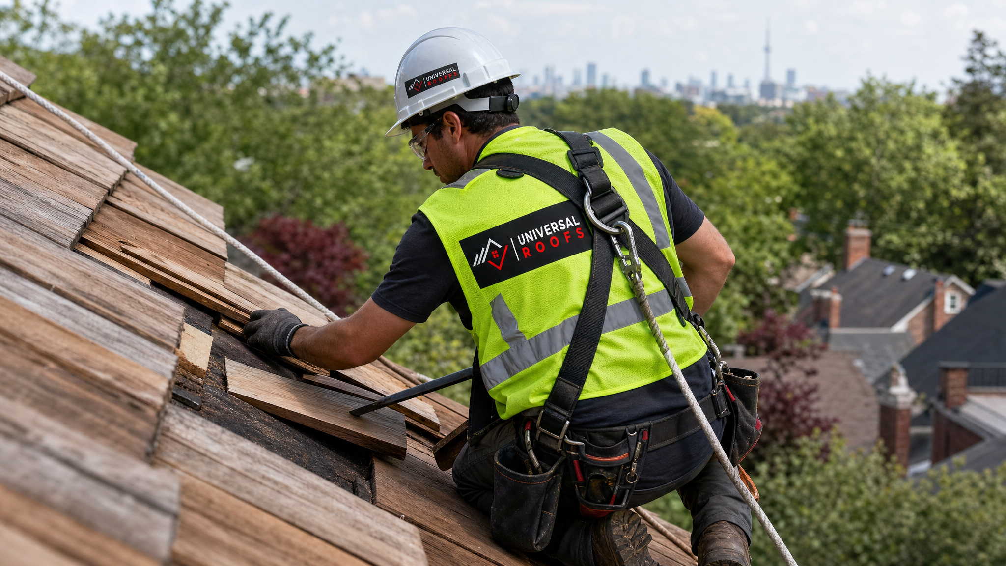 Roofer wearing full safety harness replacing individual cedar shakes on a hail-damaged roof slope in the GTA