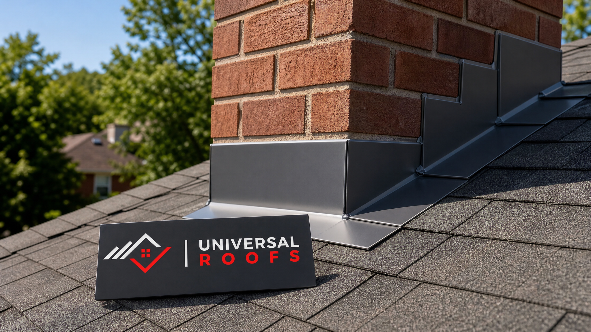 Freshly repaired metal chimney flashing on a Toronto home with clean step flashing and counter flashing sealed against a brick chimney