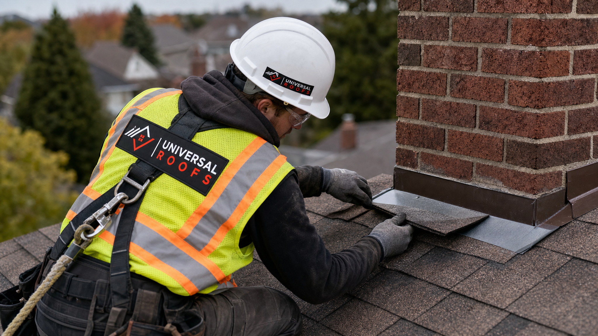 Roofer wearing a hard hat, hi-vis vest, harness and safety rope replacing step flashing along the side of a brick chimney on a sloped roof