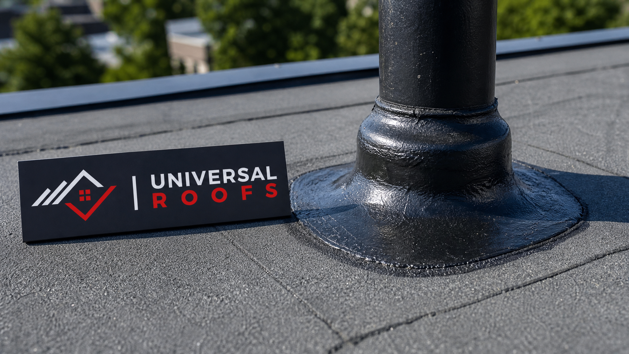 Close-up of a sealed flat roof seam and flashing detail around a roof penetration in the GTA