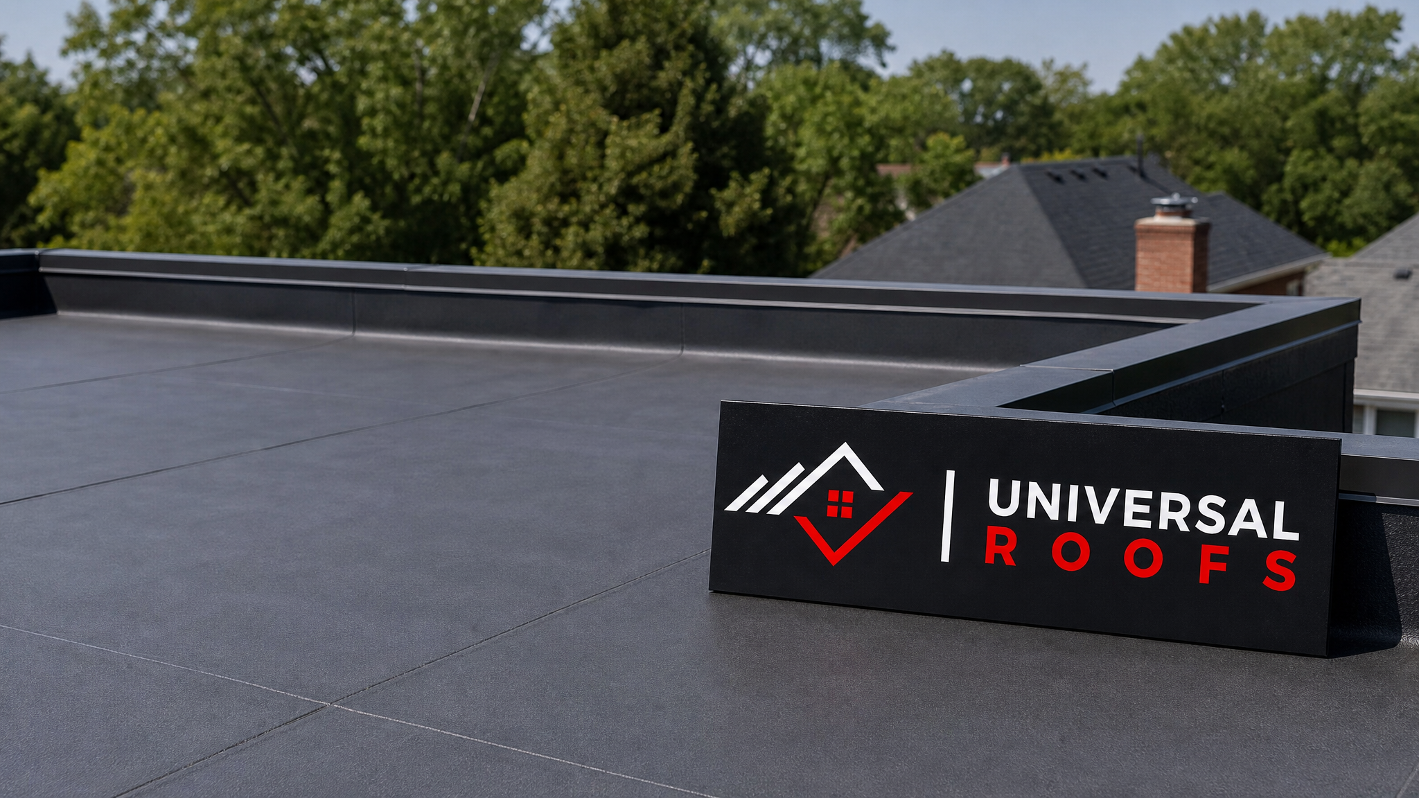 Freshly repaired flat roof membrane with sealed seams under clear summer sky in a Toronto neighbourhood