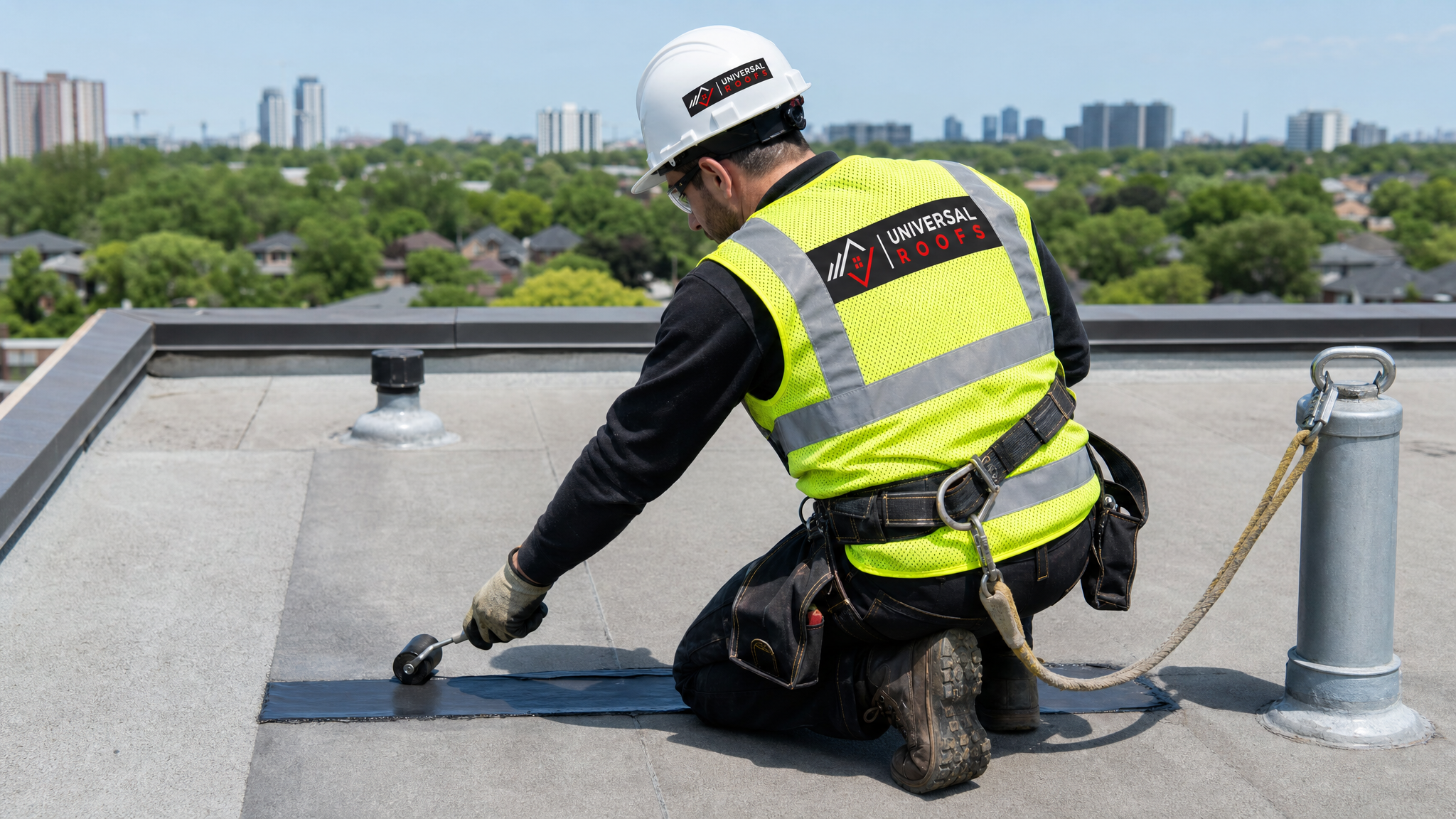 Roofer wearing full safety harness applying a membrane patch to a flat roof seam in Toronto