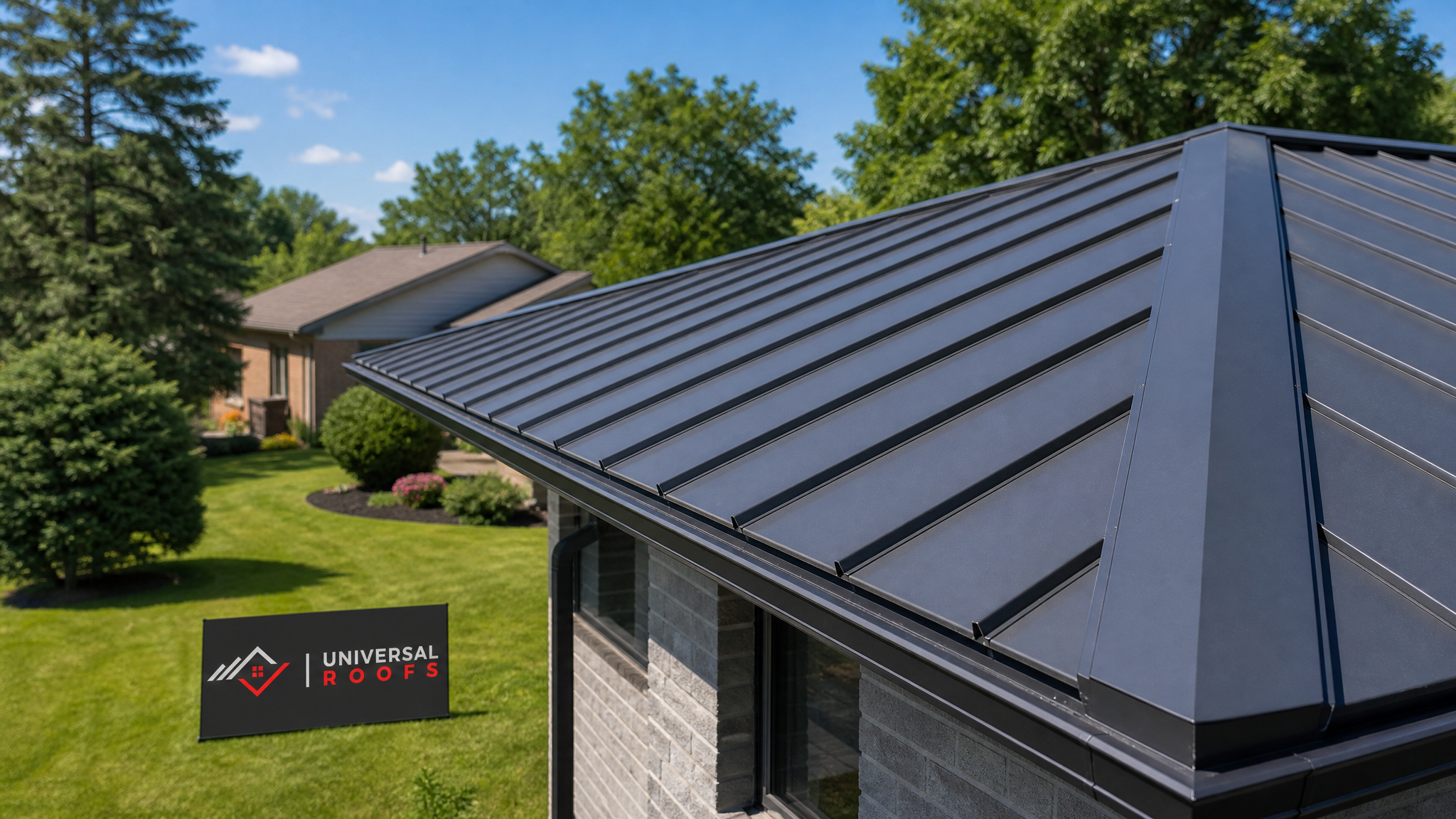 Freshly sealed standing seam metal roof on a Toronto home glowing under summer daylight with a Universal Roofs sign placard resting nearby