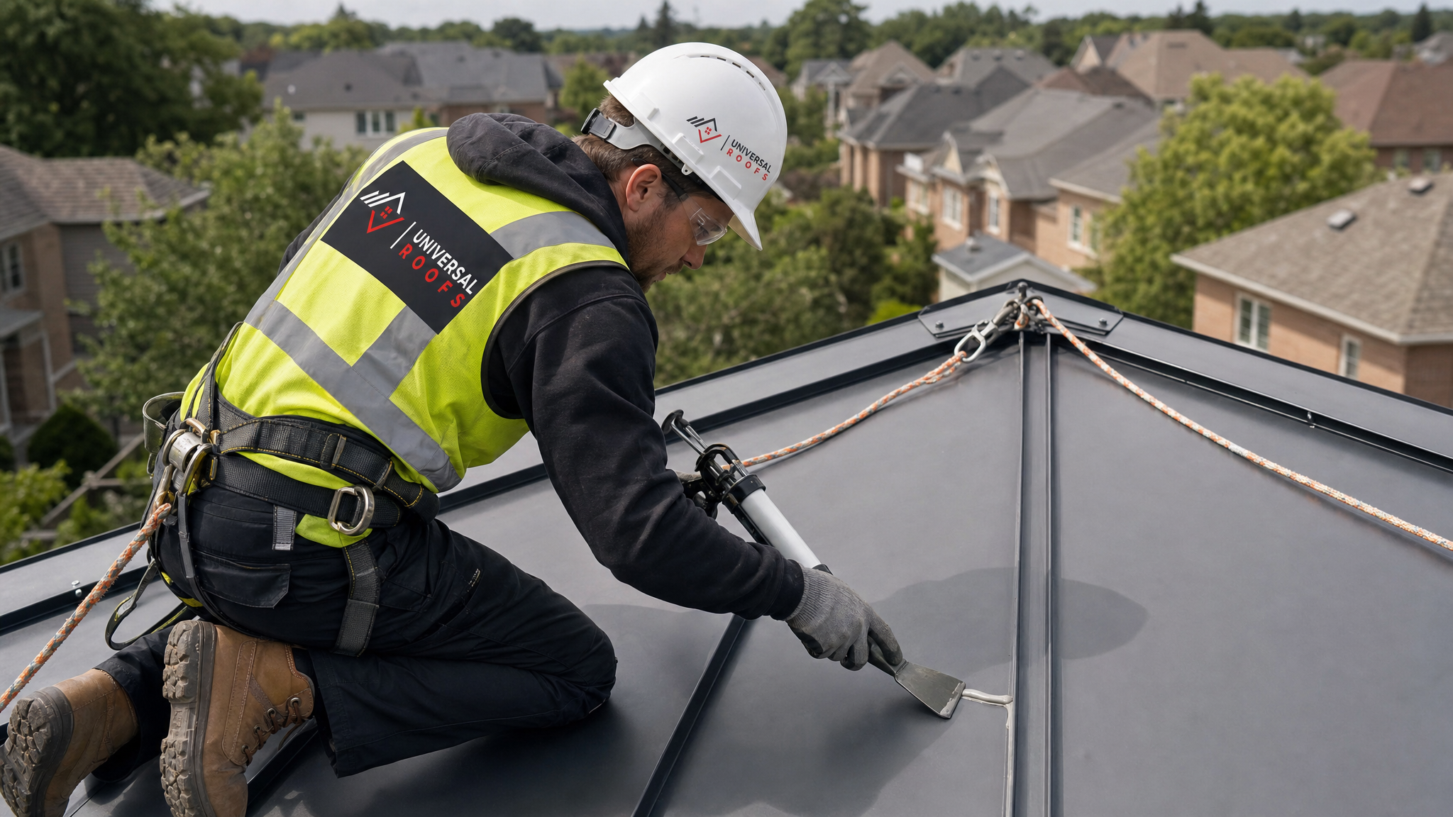 Roofer wearing full safety harness applying sealant bead along a metal roof seam on a Toronto rooftop in daylight
