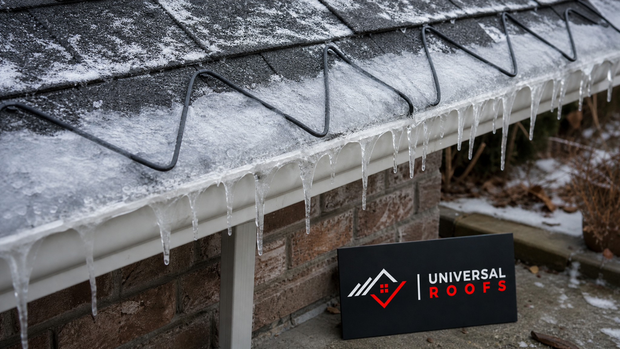 Close-up of an ice dam and de-icing cable along a roof eave and gutter, showing the freeze-thaw detail relevant to roof snow removal