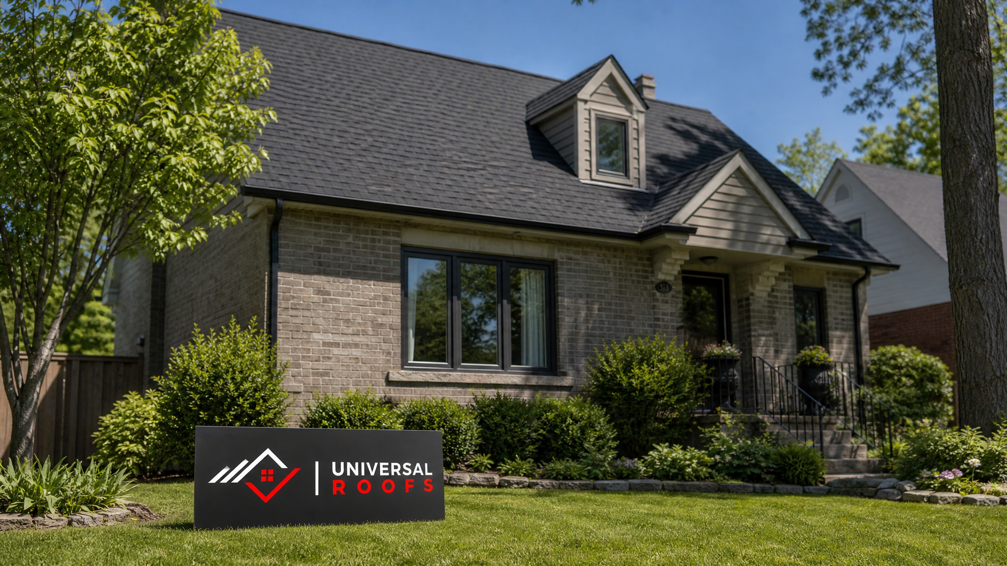 Snow-free residential roof in a Toronto neighbourhood after professional roof snow removal, summer daylight
