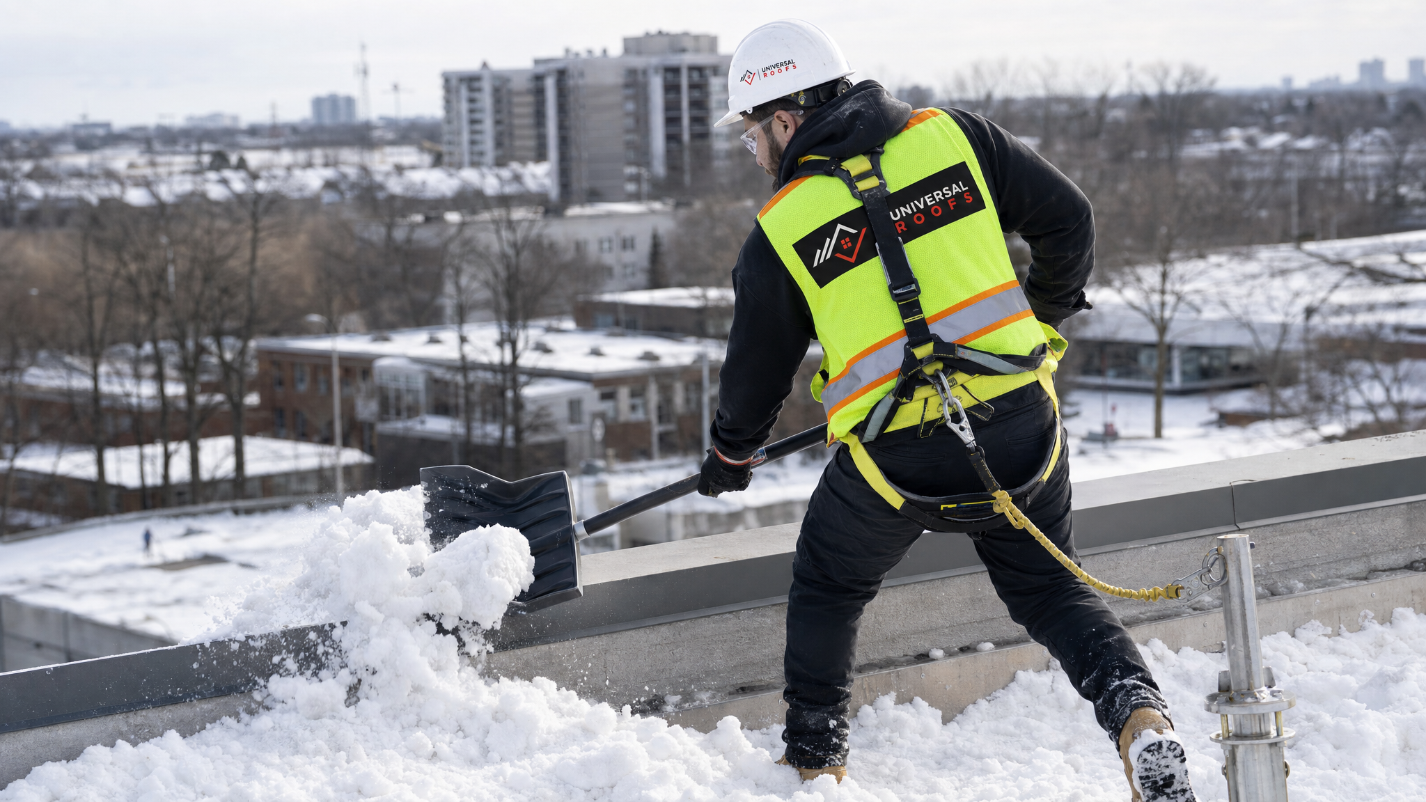 Roofing technician in full safety harness using a plastic snow shovel to clear heavy snow from a flat roof in Toronto