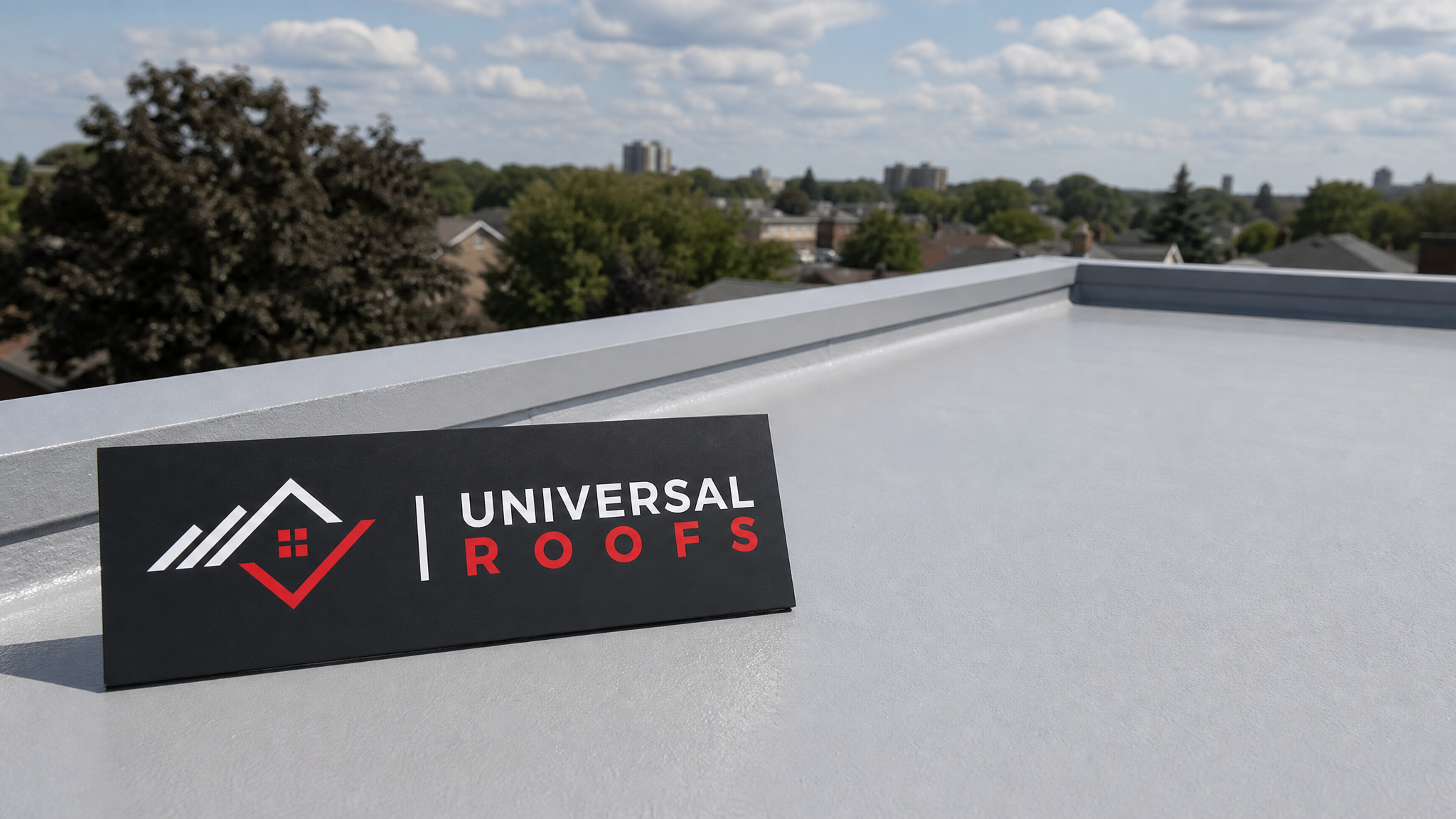 Freshly coated flat roof with a smooth, seamless elastomeric coating reflecting summer daylight in a Toronto neighbourhood