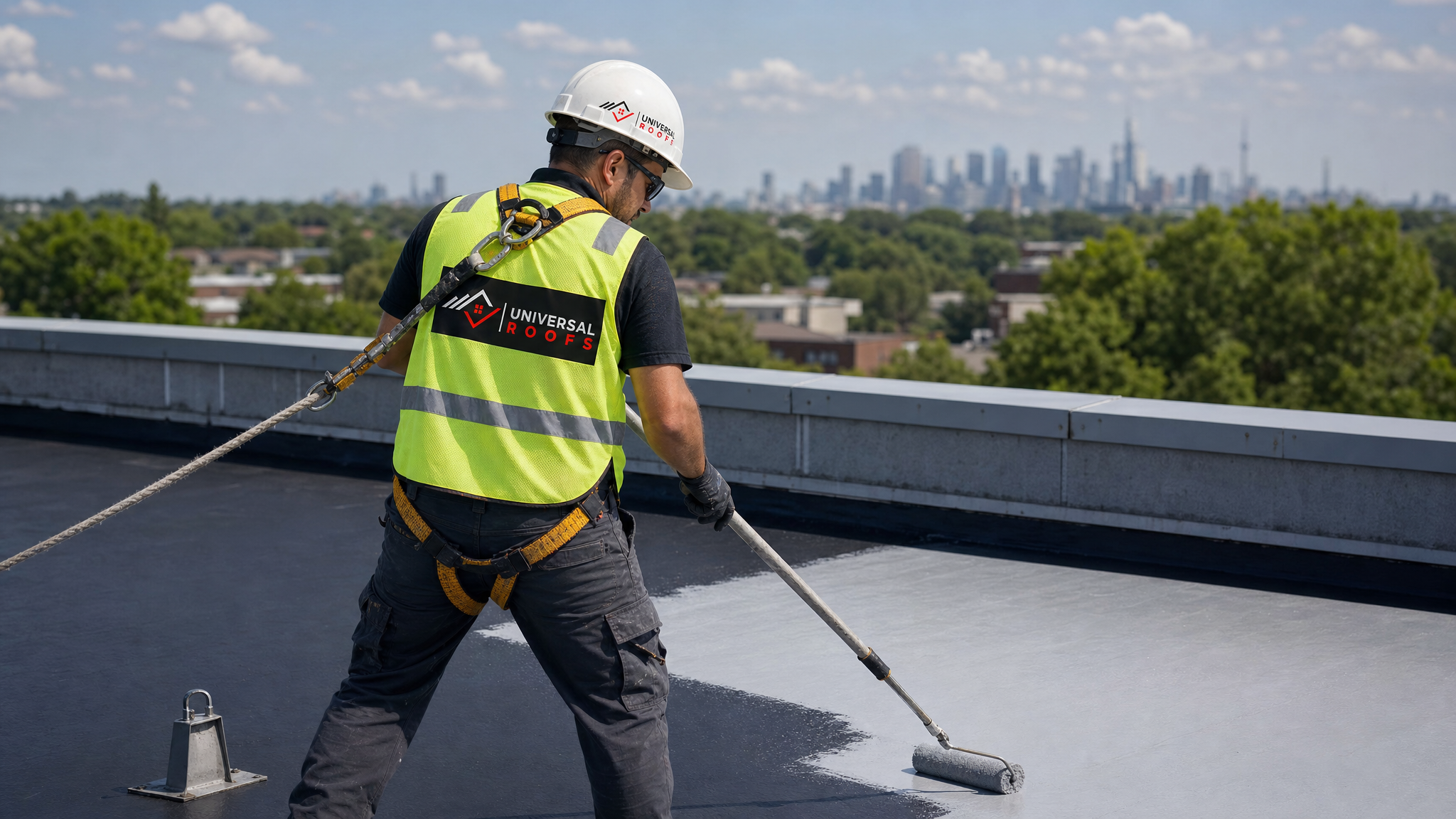 Roofer wearing full safety harness applying flexible elastomeric roof coating with a roller on a flat commercial roof in daylight