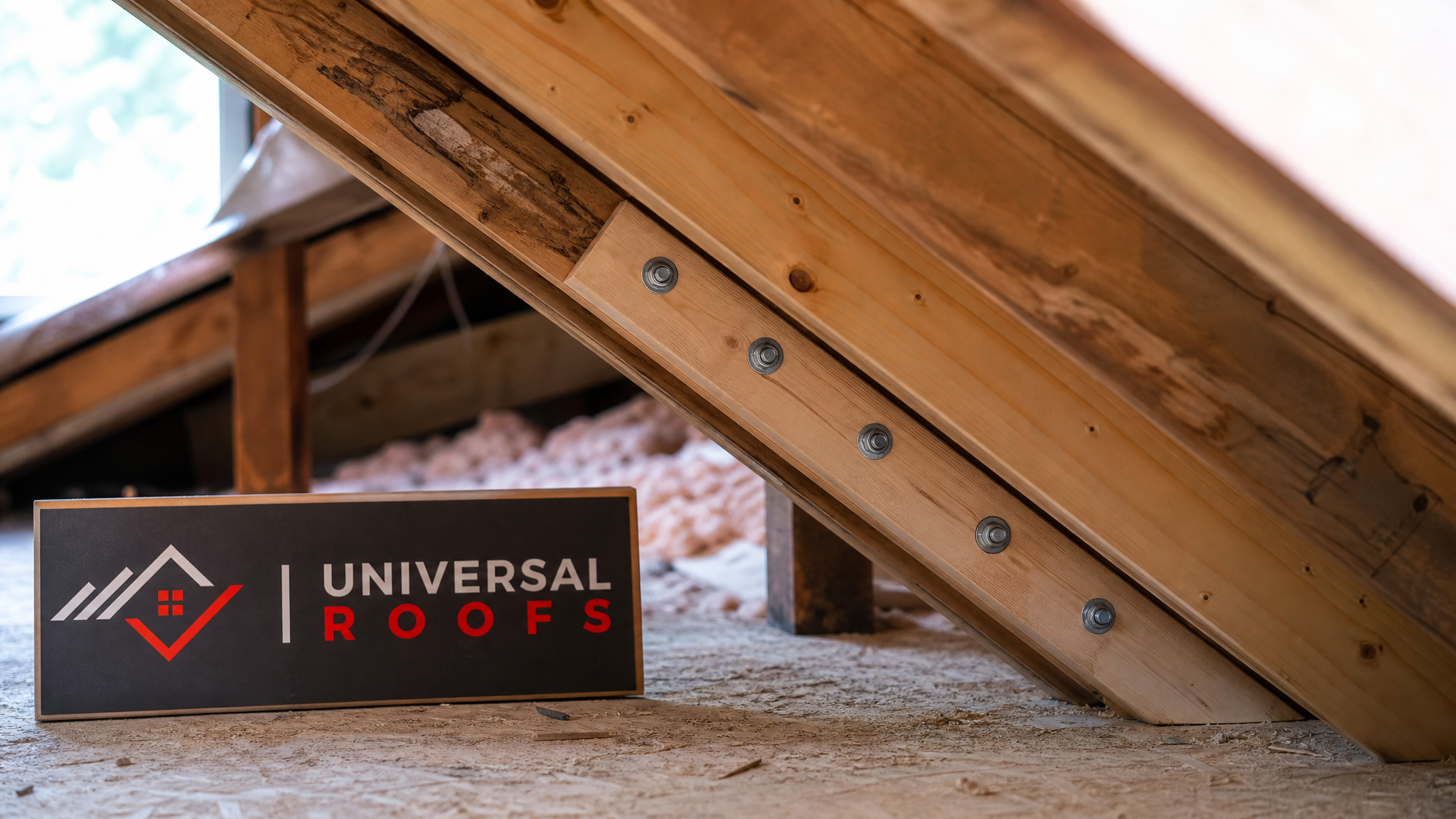 Close-up of a sistered rafter reinforcement with new lumber fastened alongside an original roof truss