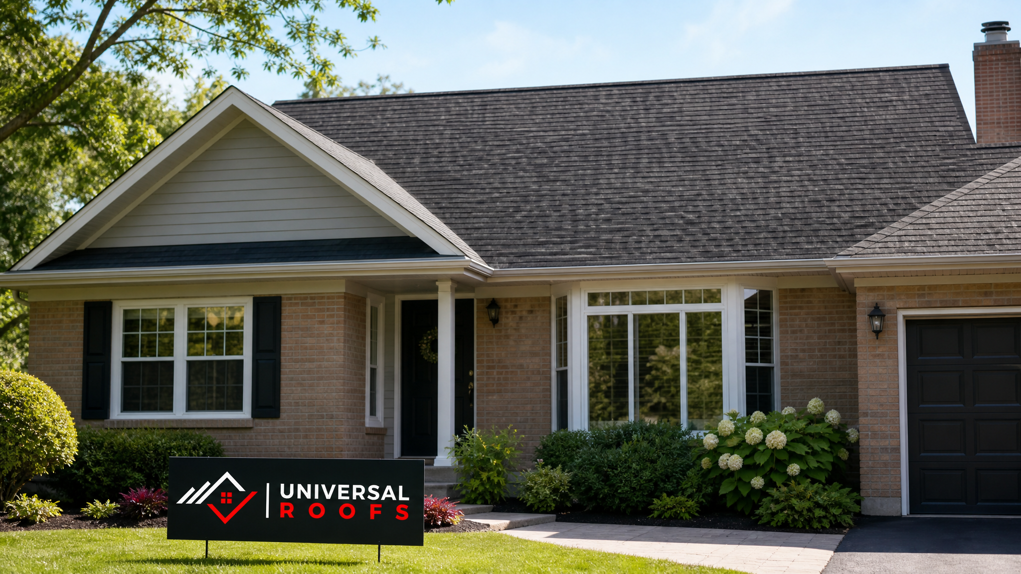 Straight, level roofline on a Toronto home after a sagging roof assessment and repair, photographed in summer daylight