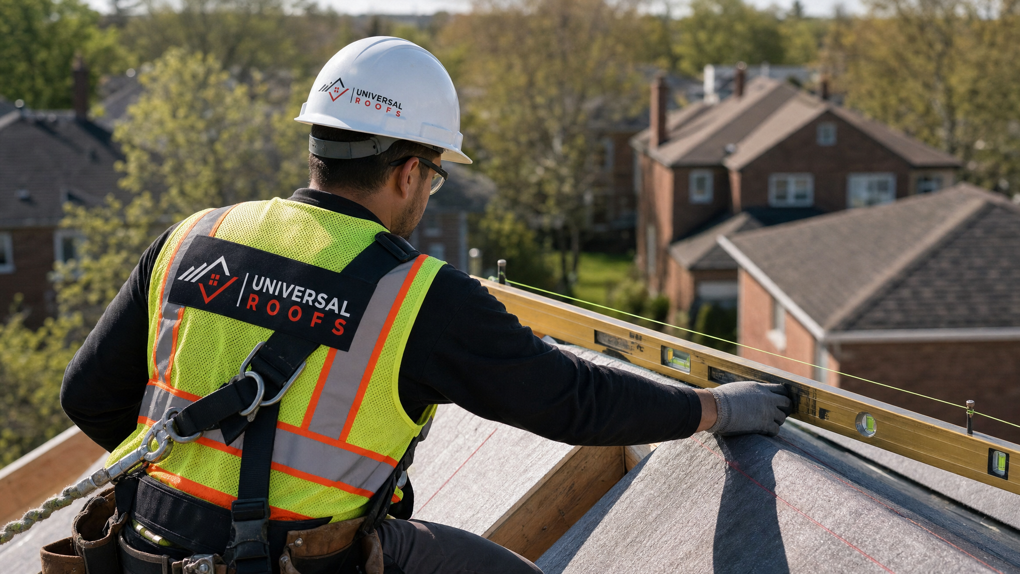 Roofer in full safety harness and PPE measuring roof deflection with a level and string line on a Toronto home