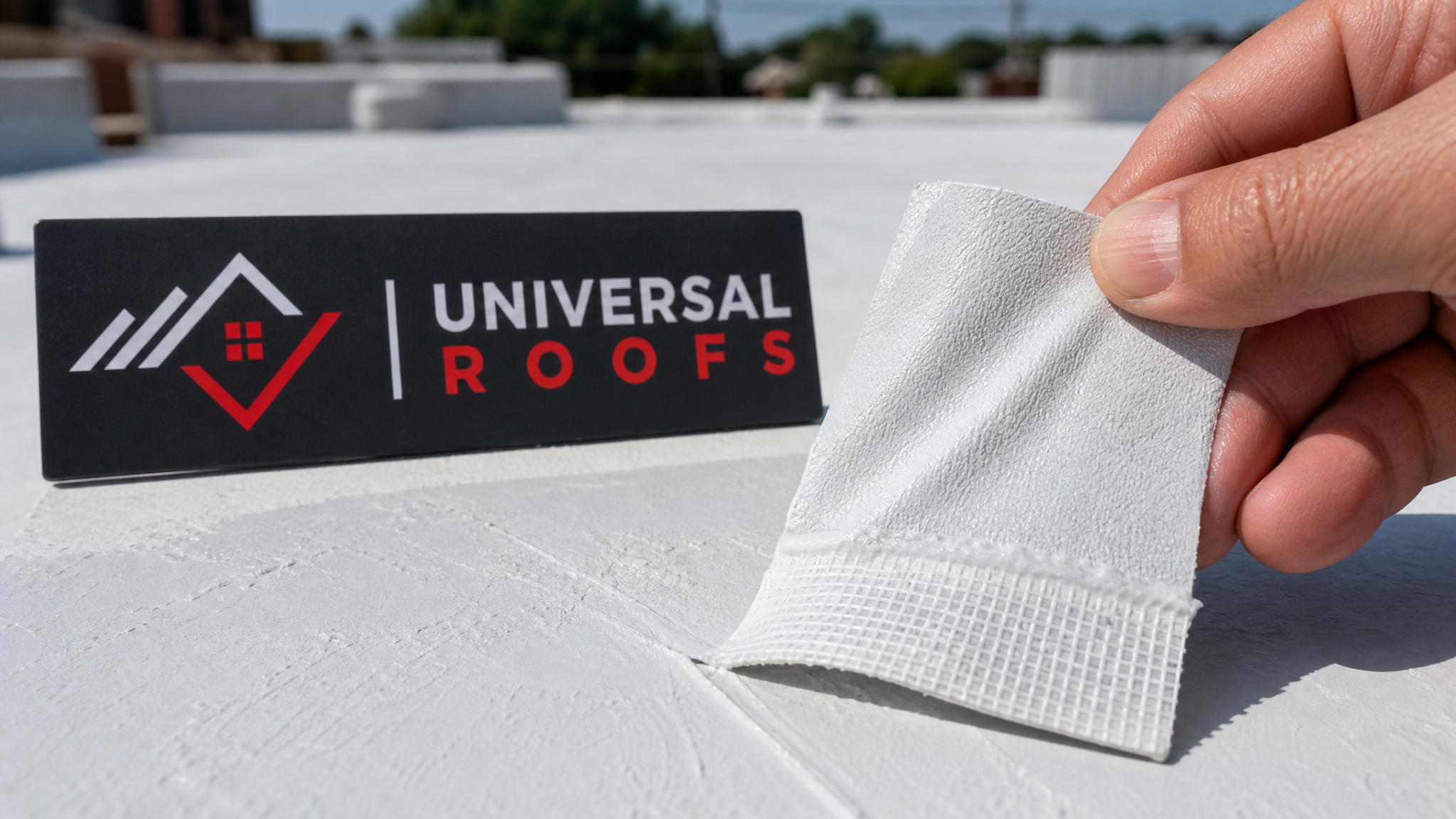 Close-up of a stretched elastomeric roof coating sample showing its rubbery flexible texture over a reinforced seam
