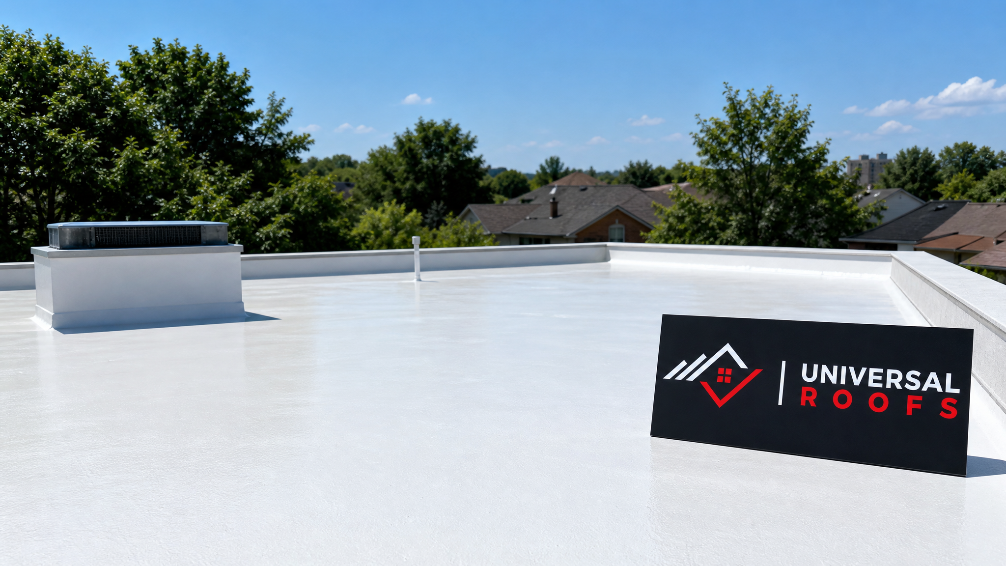 Finished flat roof in Toronto with a smooth white elastomeric coating reflecting summer sunlight