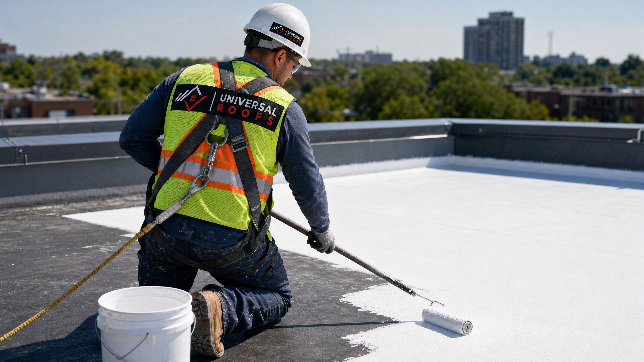 Roofing worker in full safety gear applying elastomeric coating with a roller on a Toronto flat roof