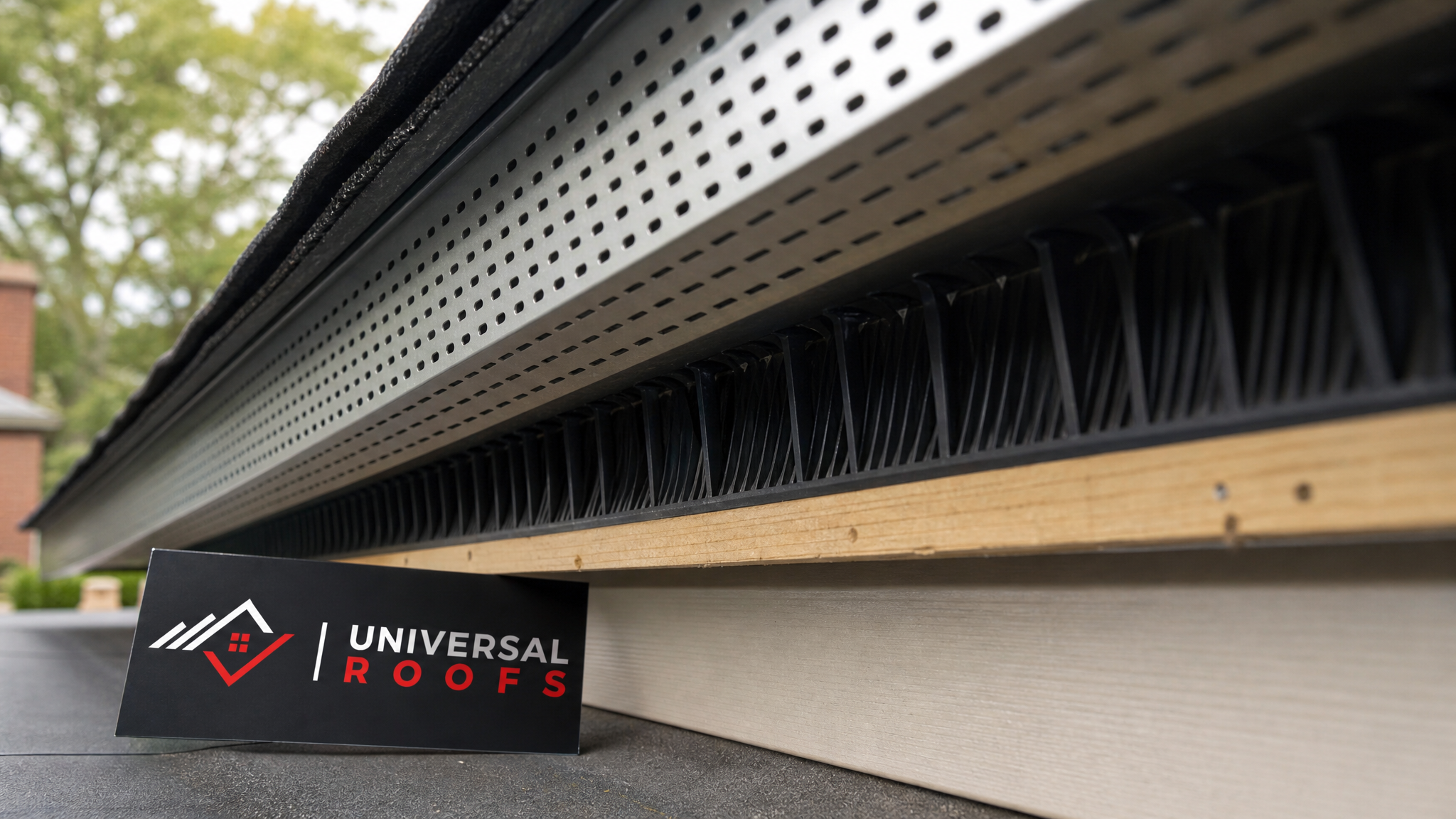 Close-up detail of a continuous soffit vent strip and baffle installed at the eave of a residential roof with a Universal Roofs branded sign placard visible nearby