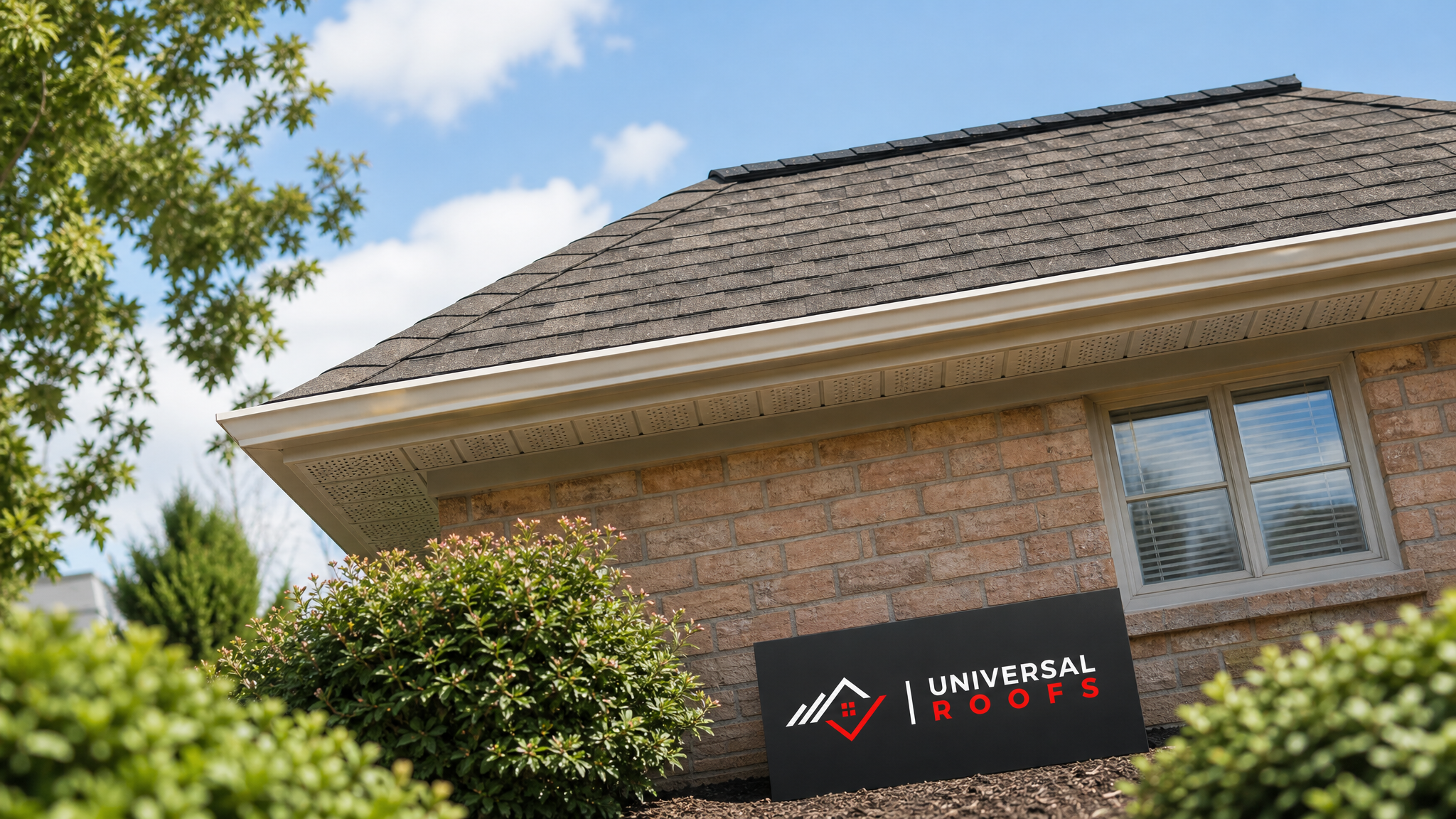 A well-ventilated Toronto home roofline in summer daylight showing continuous ridge vent and soffit vents with a Universal Roofs sign placard resting nearby