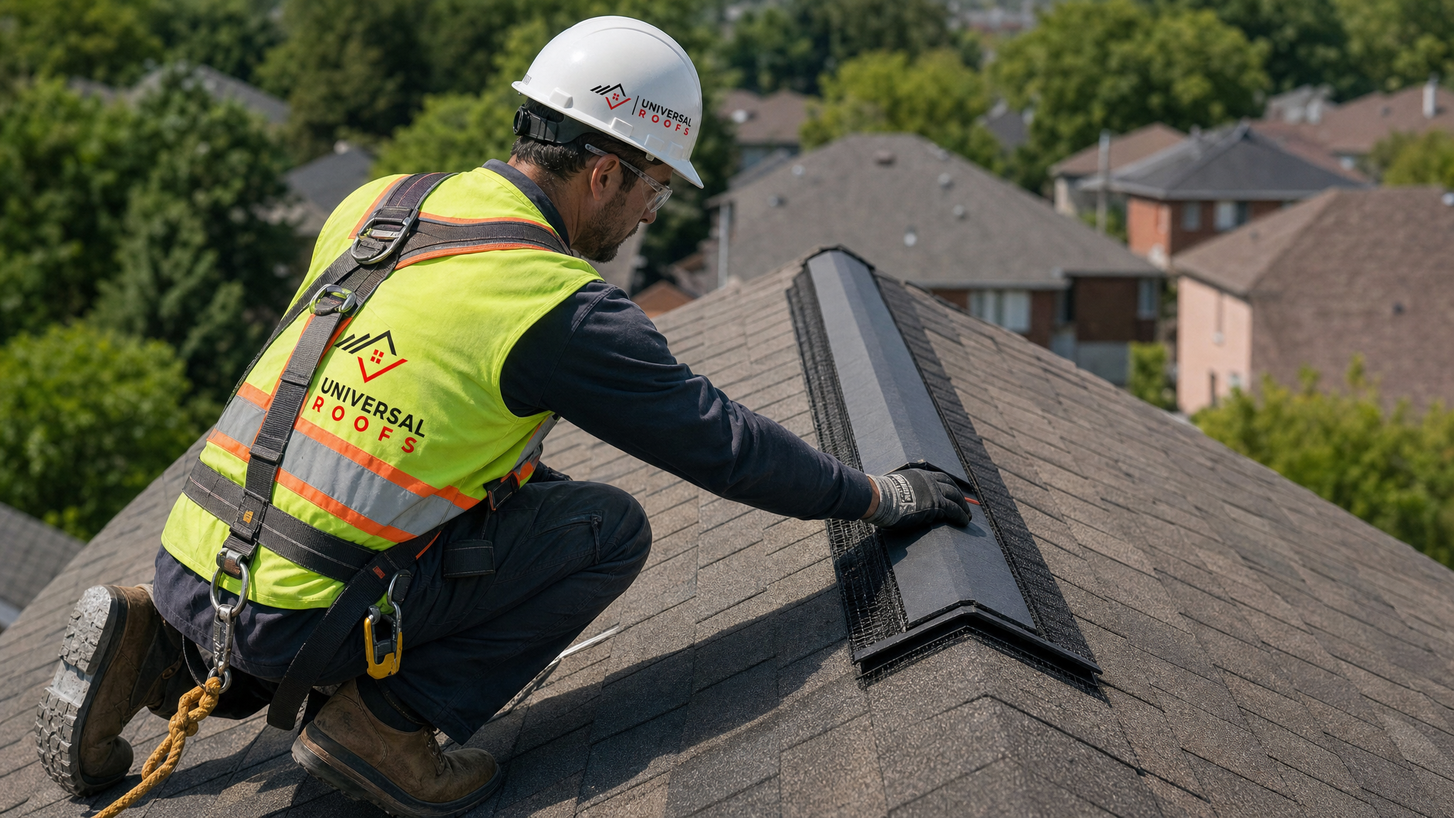 A roofer wearing a hard hat, hi-vis safety vest, safety glasses, gloves, and a fall-protection harness installing a ridge vent along a residential roof peak in daylight