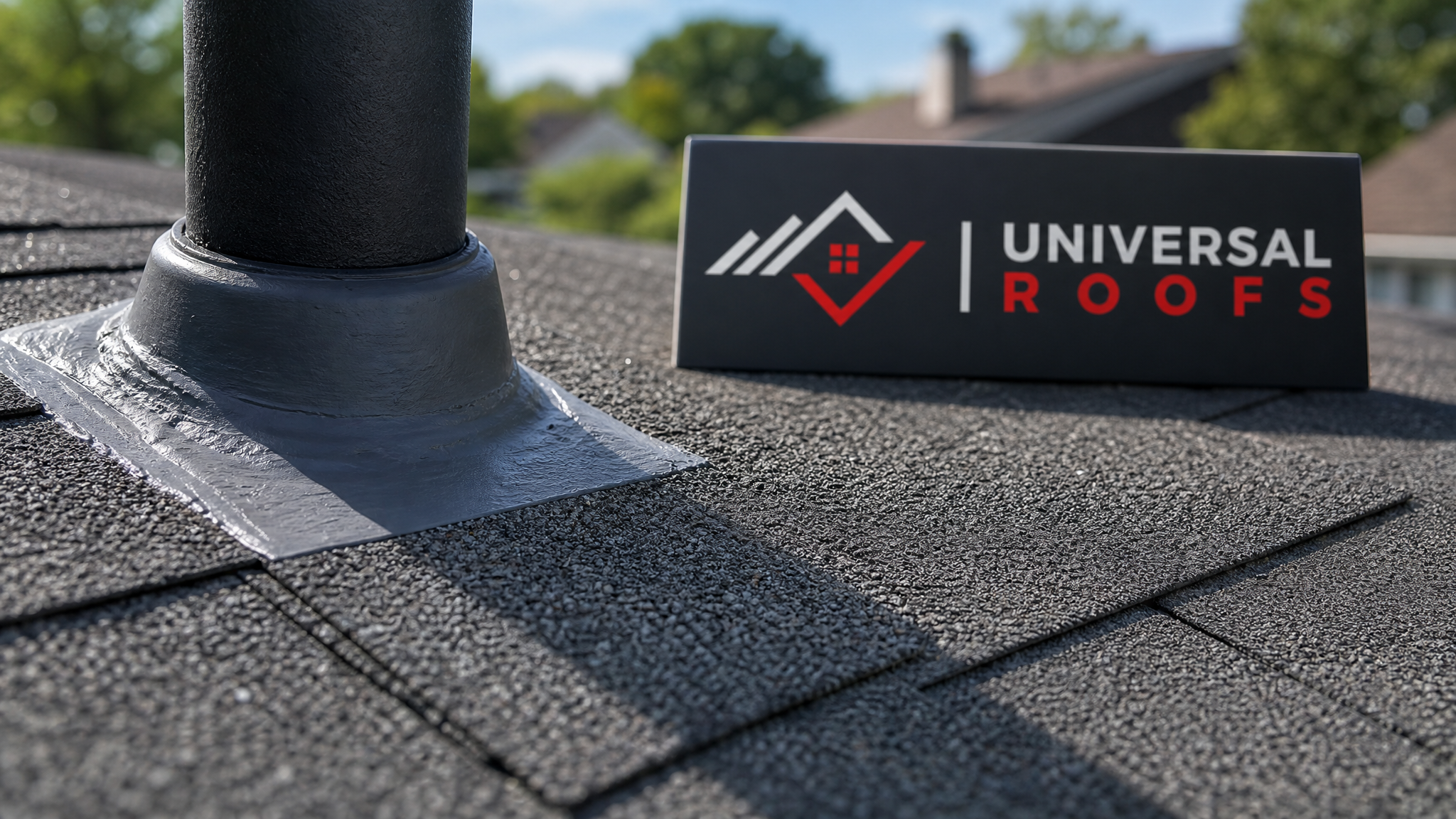 Close-up of a repaired asphalt shingle section showing new flashing sealant and matched shingle colour, with a Universal Roofs branded sign placard nearby
