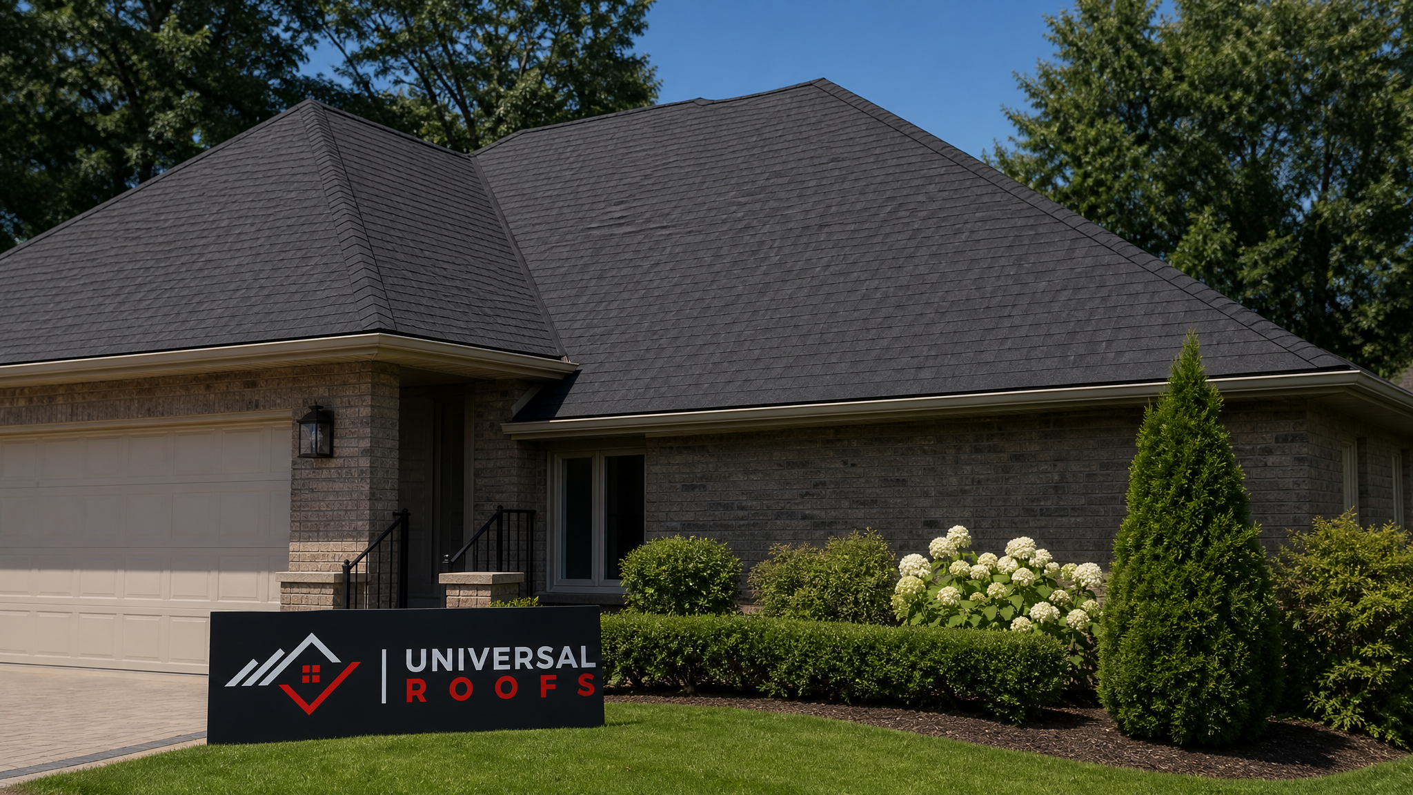 Clean asphalt shingle roof on a Toronto home after algae and moss removal, summer daylight, no streaking visible
