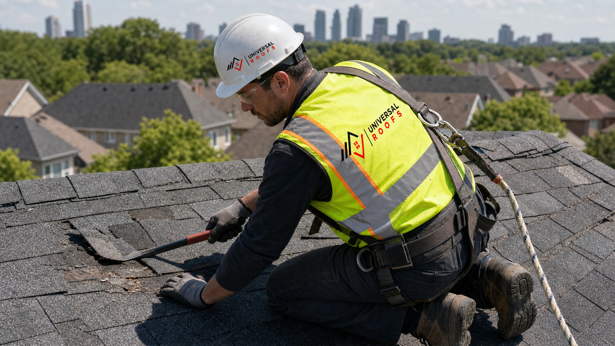 Roofing technician in full safety harness performing a shingle repair on a sloped residential roof in the GTA during daytime