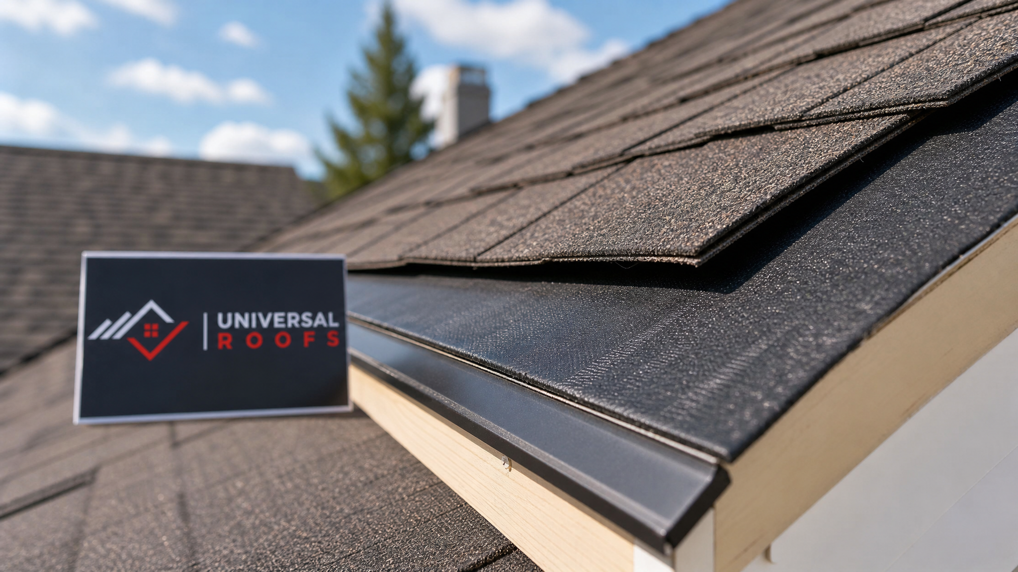 Close-up of architectural shingle layers and ice-and-water shield membrane at a roof edge