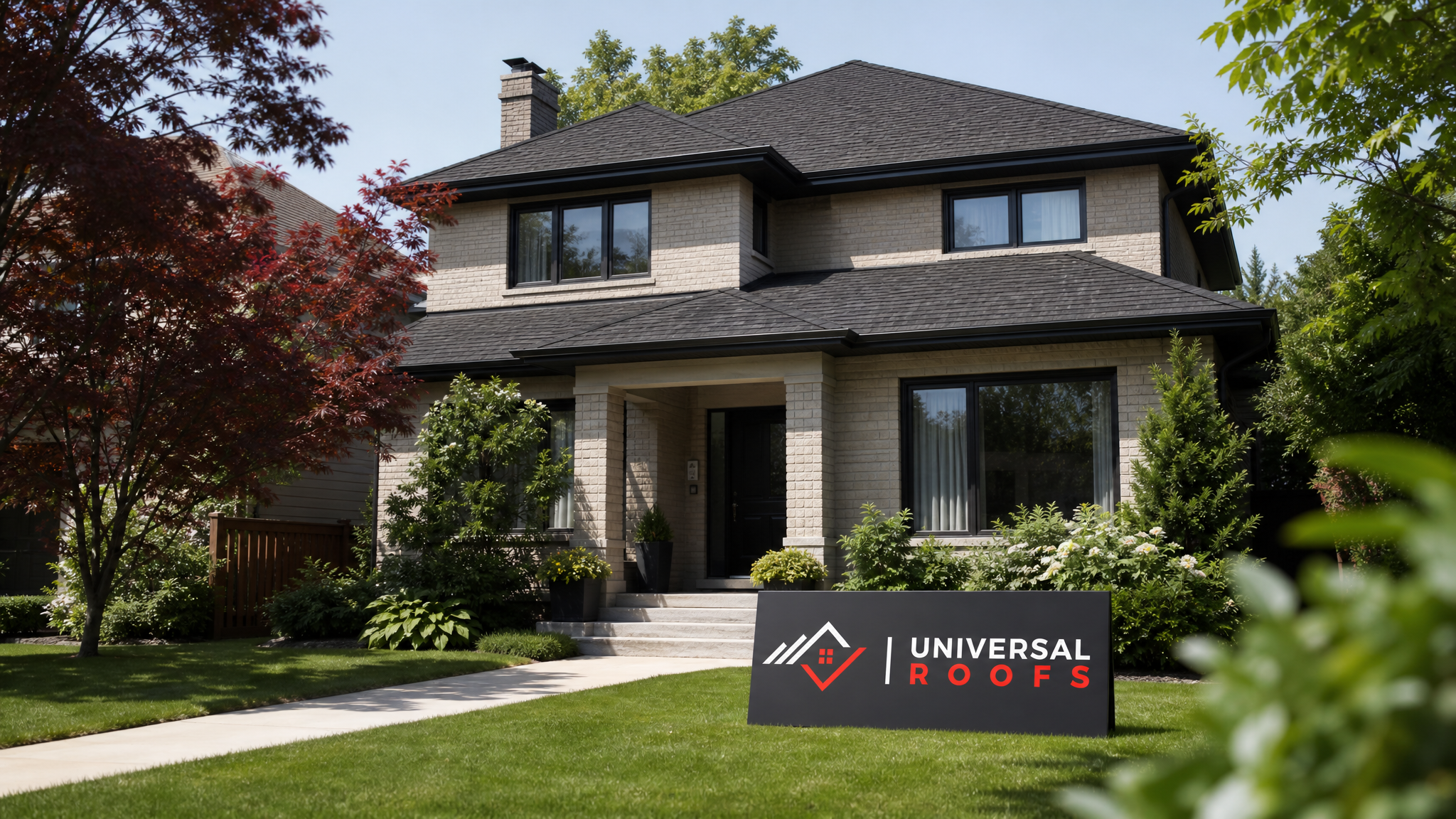 Newly completed asphalt shingle roof replacement on a Toronto-area home in summer daylight