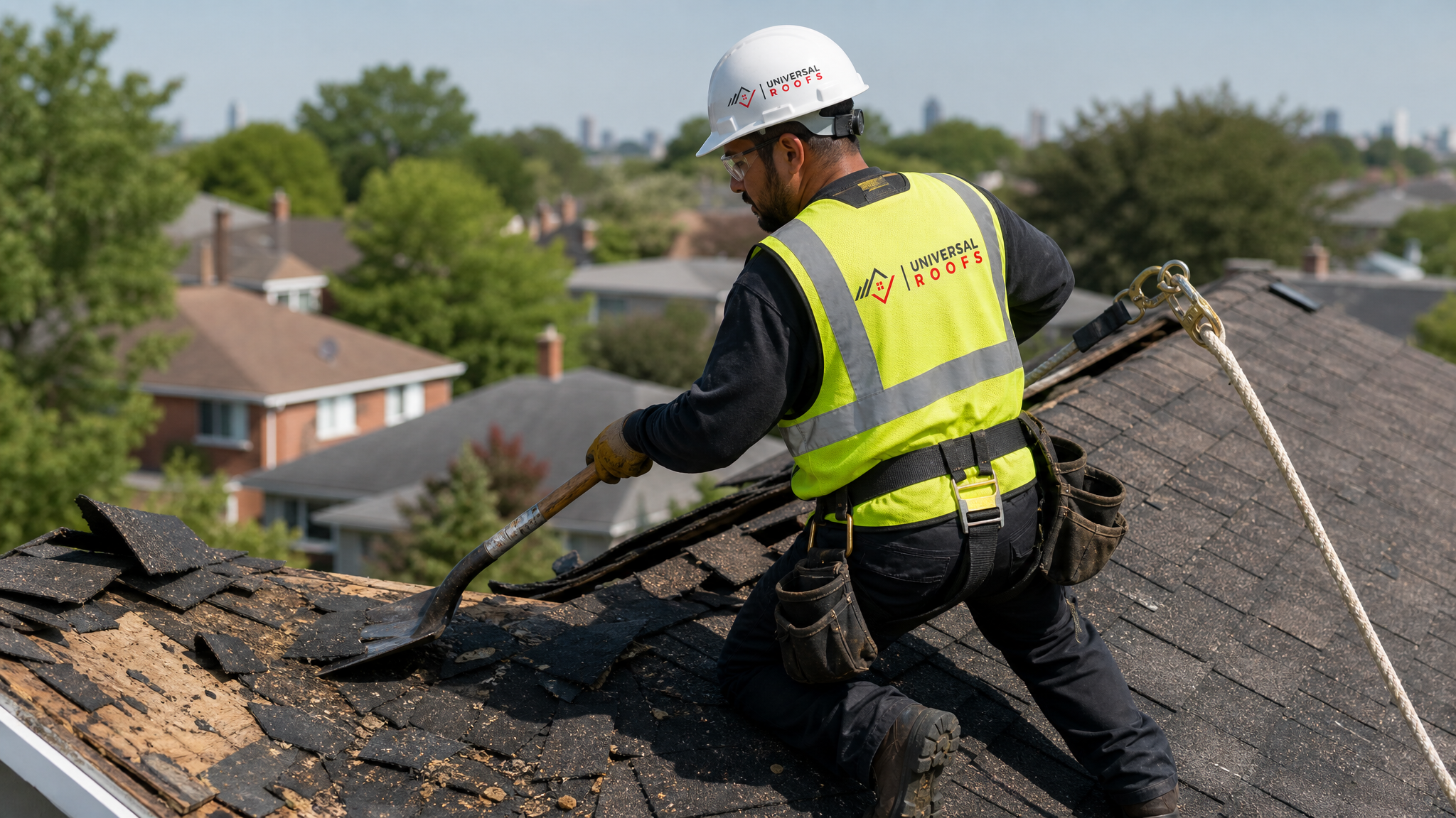 Roofer wearing full safety harness and PPE tearing off old shingles during a roof replacement