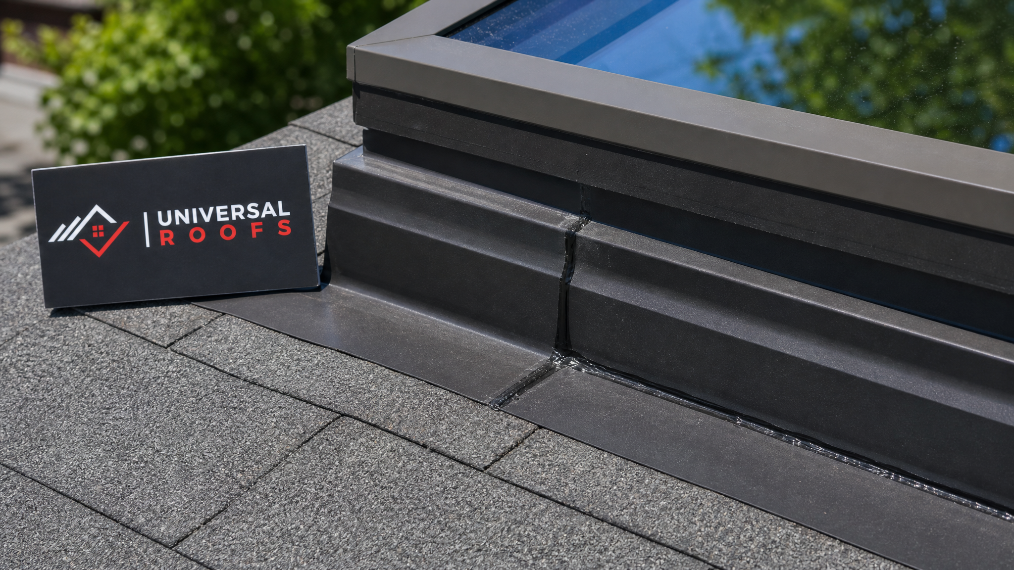 Close-up of new skylight flashing and sealant bead installed around a curb, with a branded Universal Roofs sign placard resting nearby on the roof