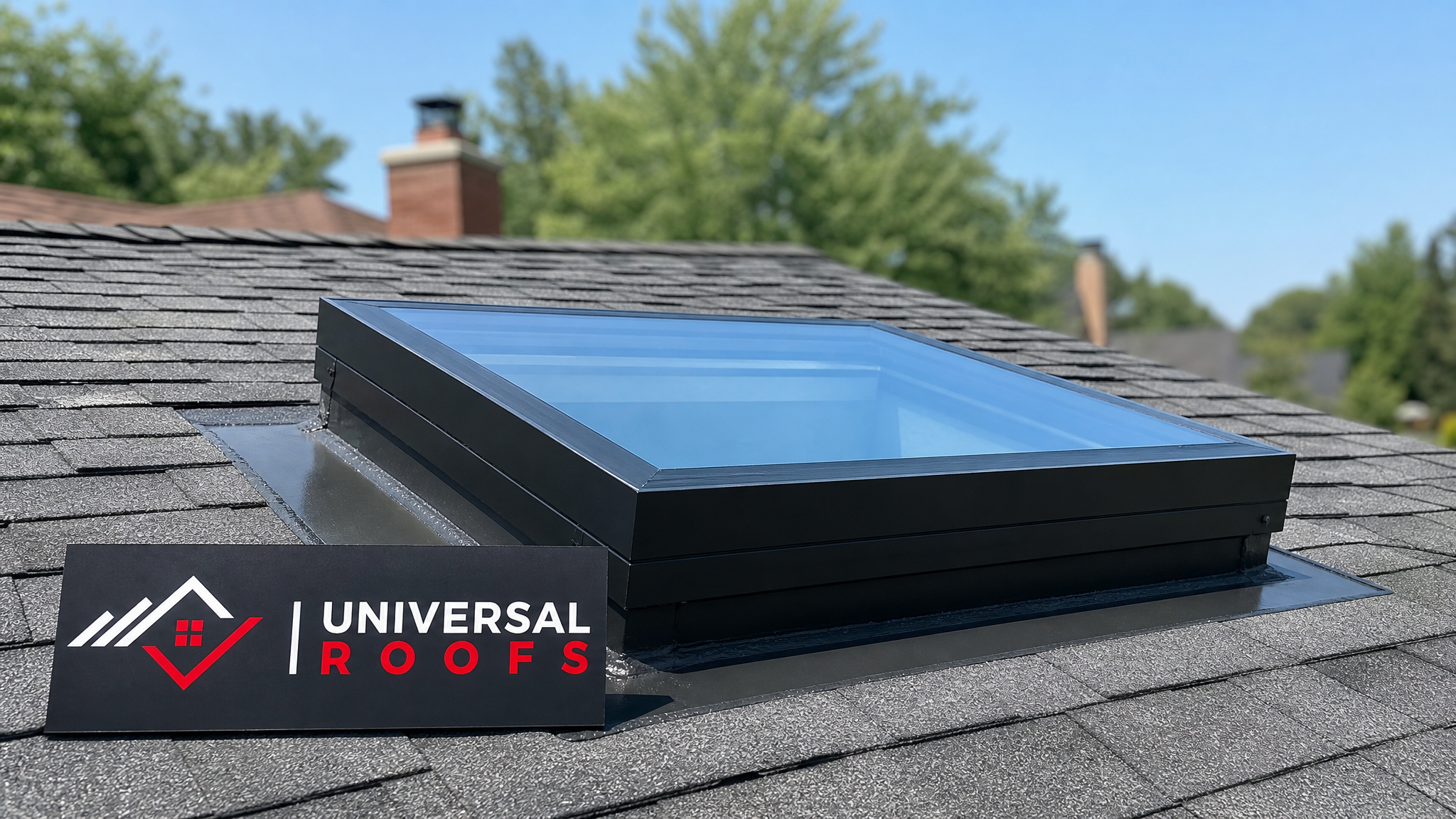 A newly resealed residential skylight on a Toronto home roof under clear summer daylight, showing clean flashing and no visible leaks