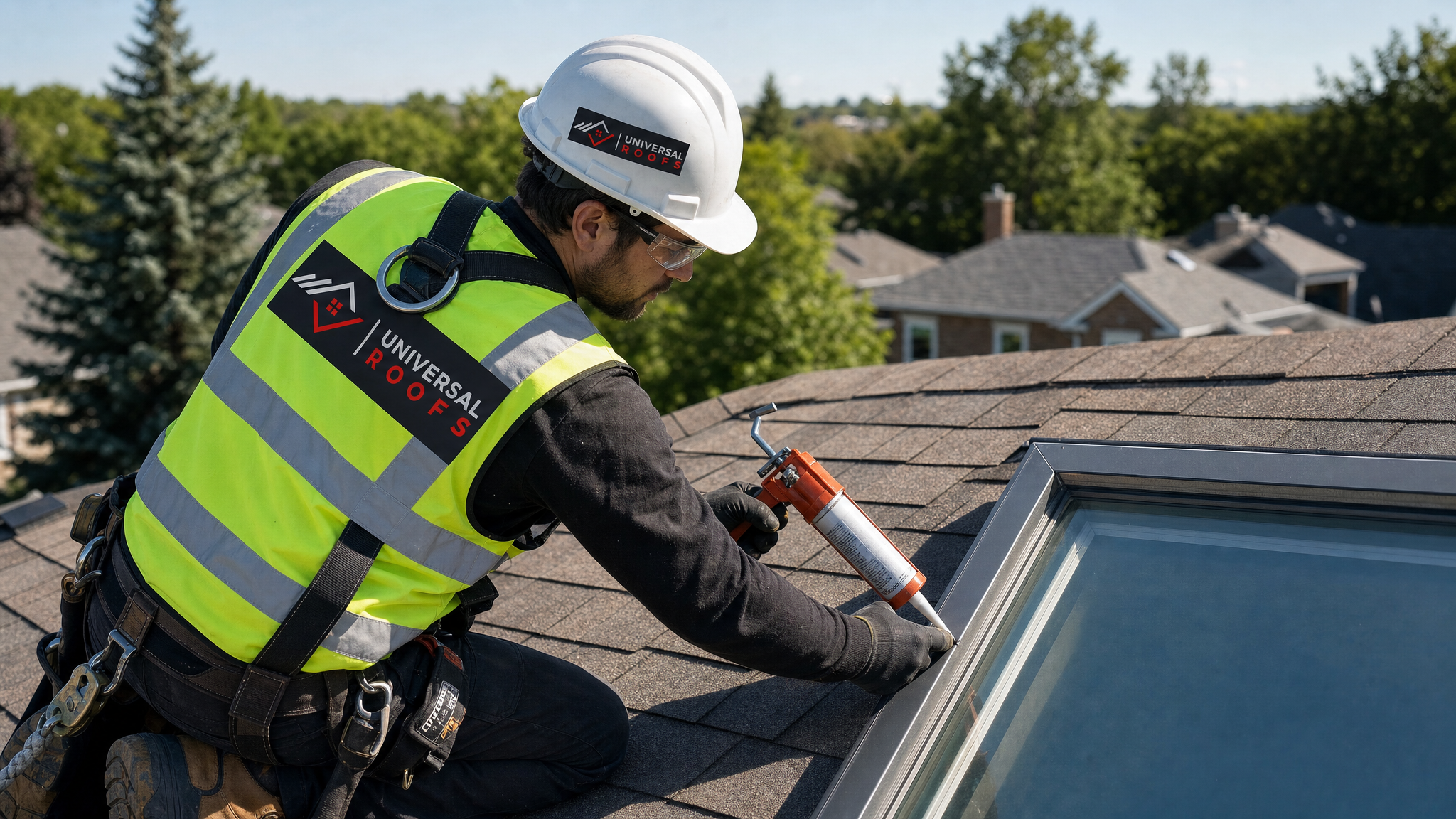 A roofer wearing a hard hat, high-visibility vest, safety glasses, gloves, and a fall-protection harness inspecting and resealing skylight flashing on a residential roof in daylight