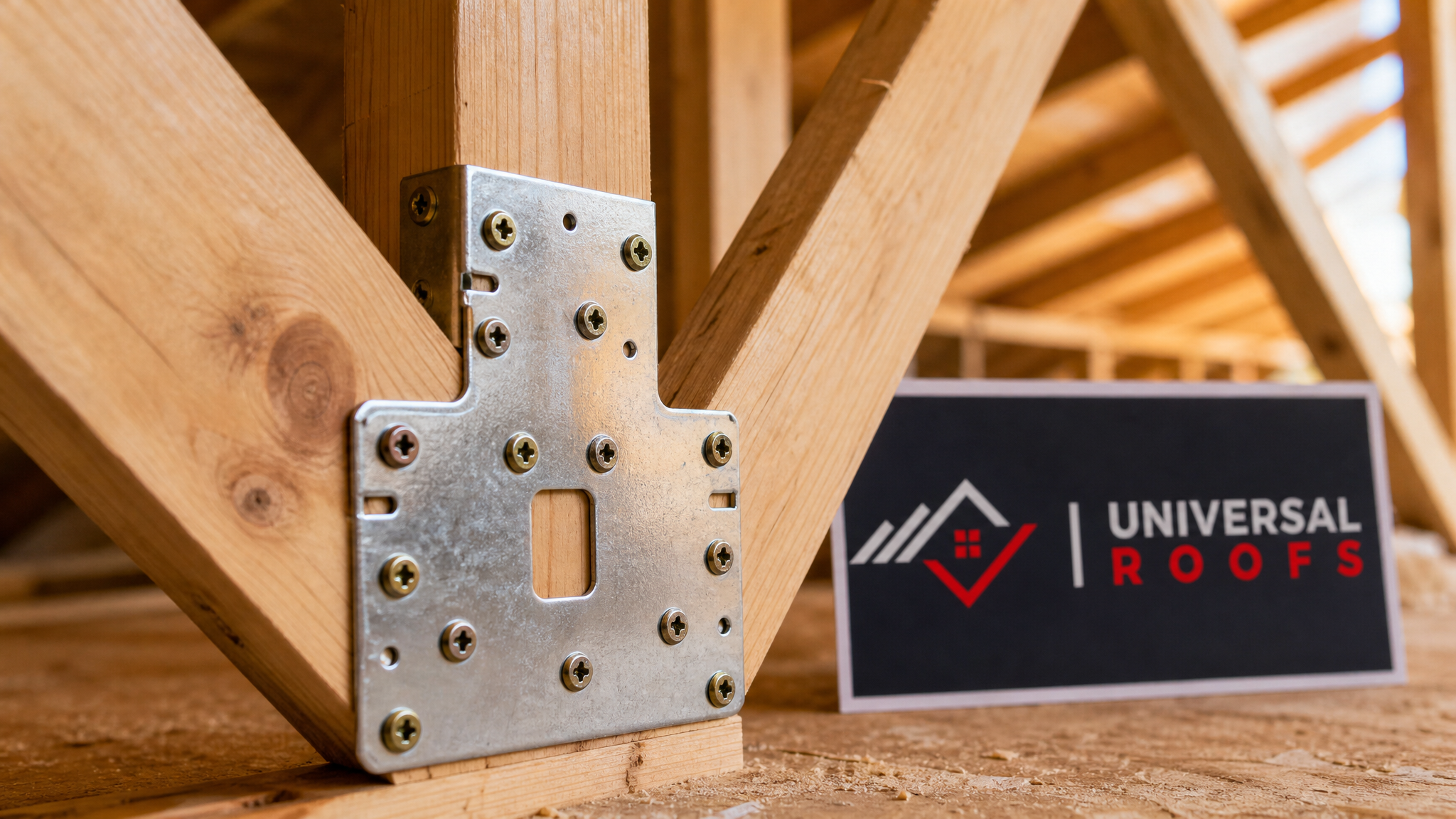 Close-up detail of a reinforced roof truss joint with a new metal gusset plate and structural screws, Universal Roofs branded sign placard visible