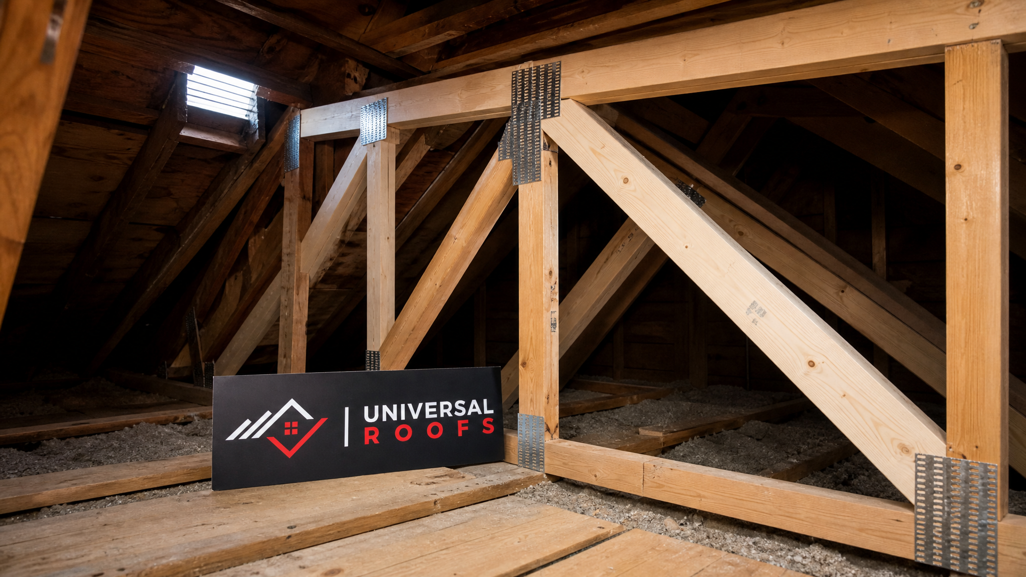 Repaired attic roof truss system with reinforced joints in a Toronto home, shown in clean daylight with a Universal Roofs sign placard nearby