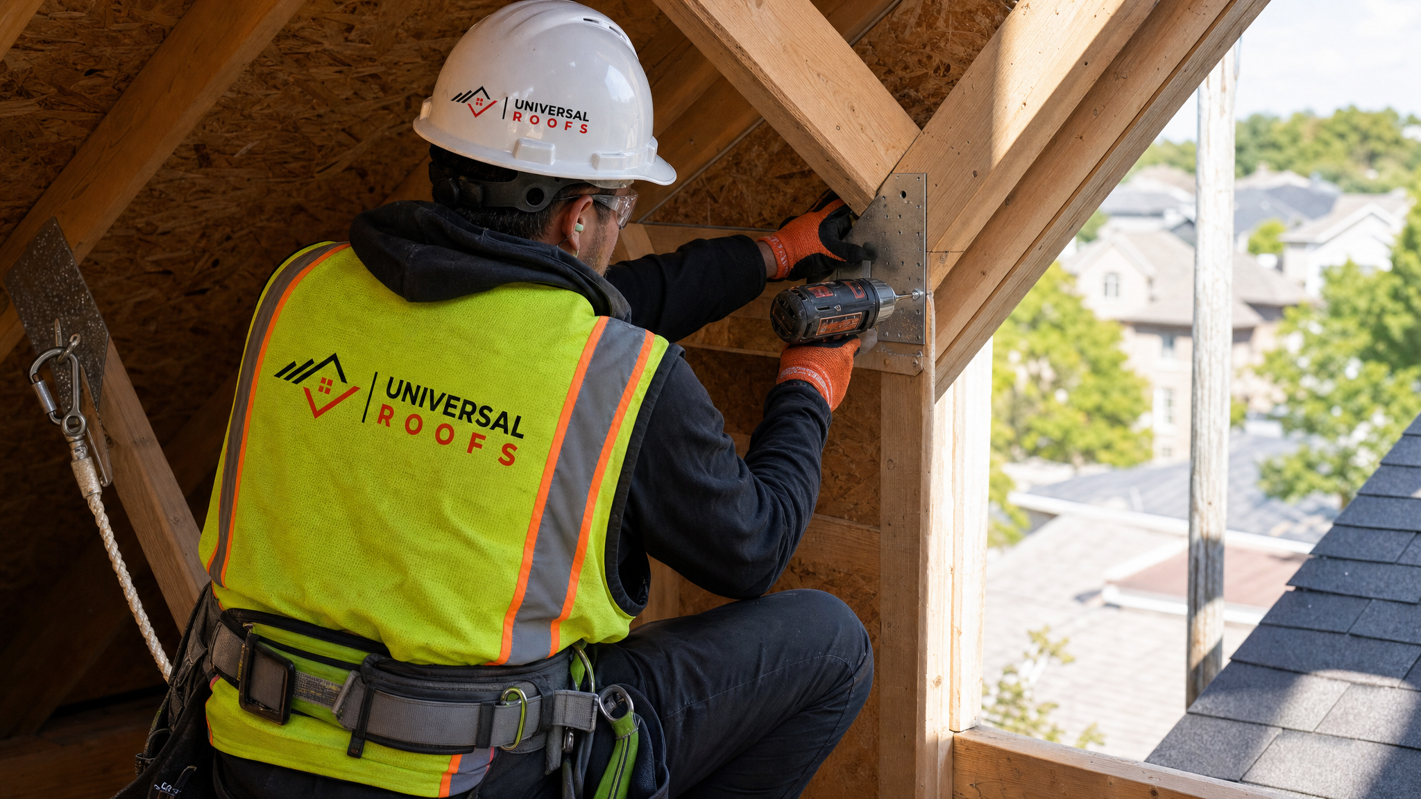 Roofer wearing full safety harness, hard hat, and high-visibility vest reinforcing a roof truss joint at height on a Toronto home