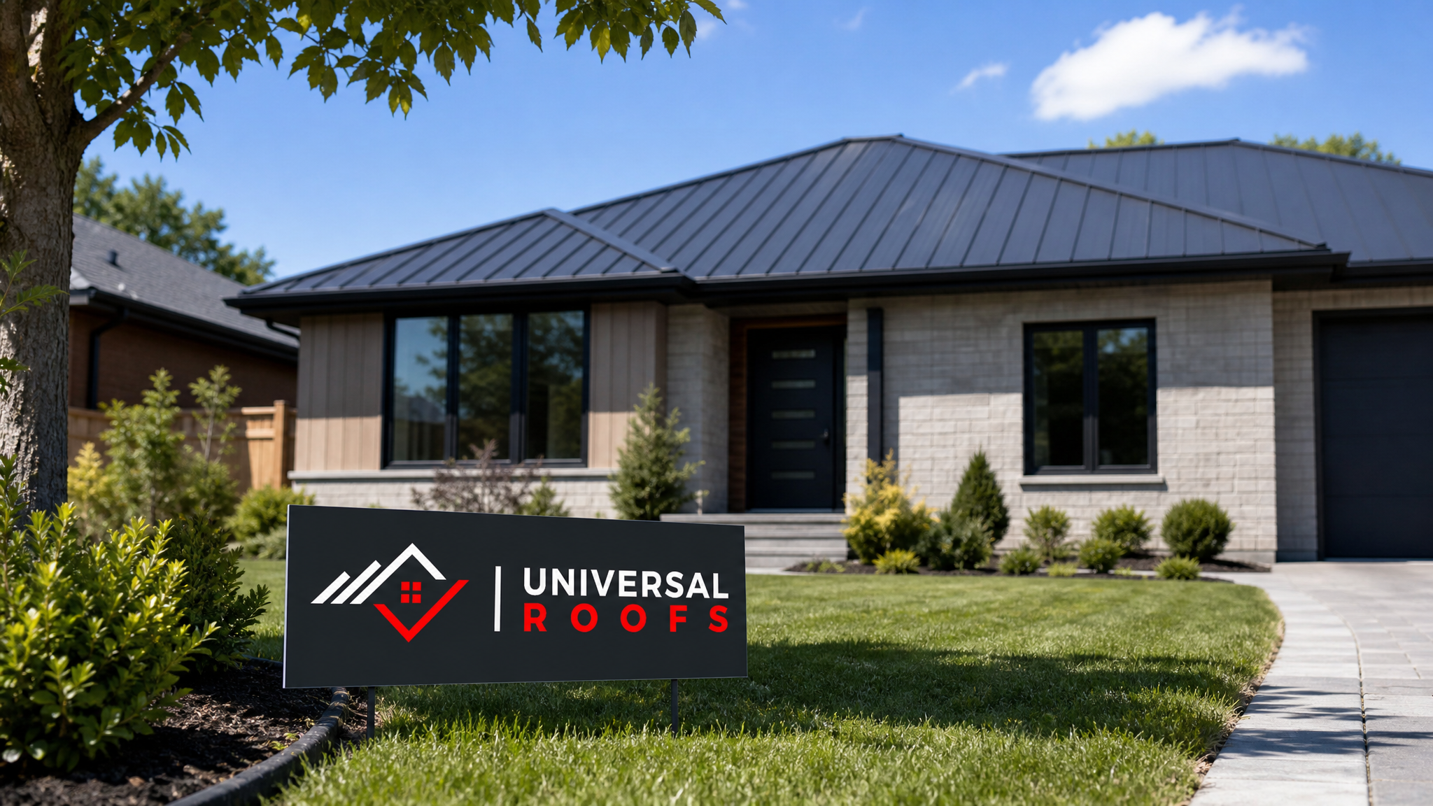 Finished metal roof on a Toronto home with a Universal Roofs branded sign placard resting on the lawn in summer daylight