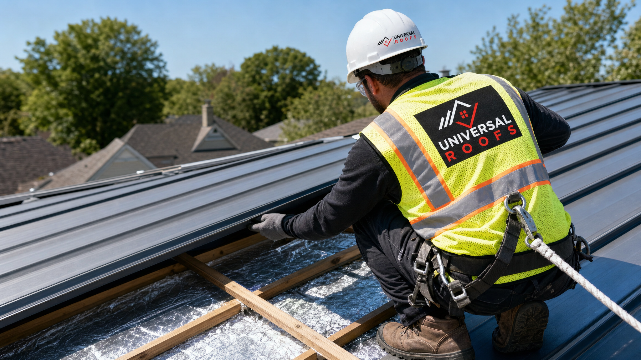 Roofing technician in full safety gear installing radiant barrier insulation beneath metal roof panels on a Toronto home