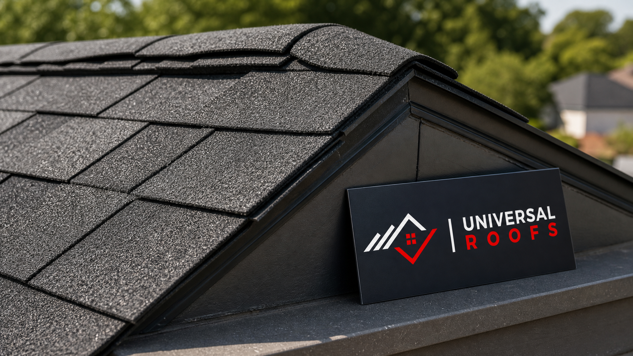 Close-up of architectural asphalt shingle layers and ridge cap detail on a new roof installation