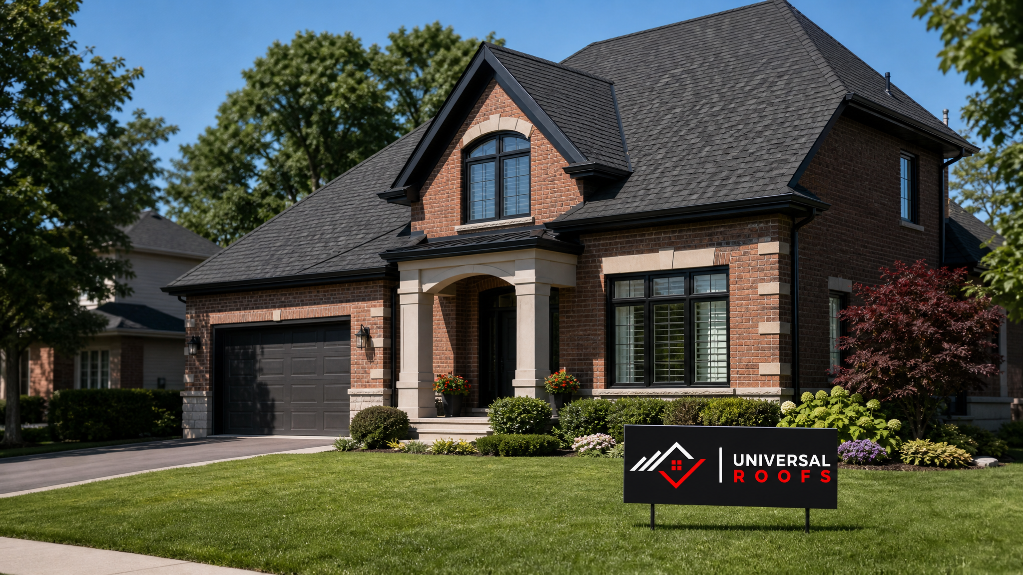 Freshly completed asphalt shingle roof on a Toronto-area home under clear summer sky
