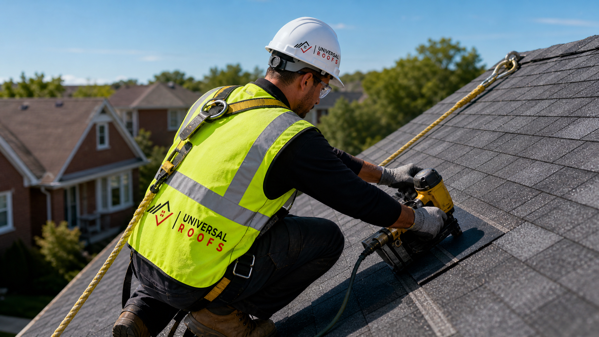 Roofer installing architectural shingles on a residential roof in the GTA wearing full safety harness