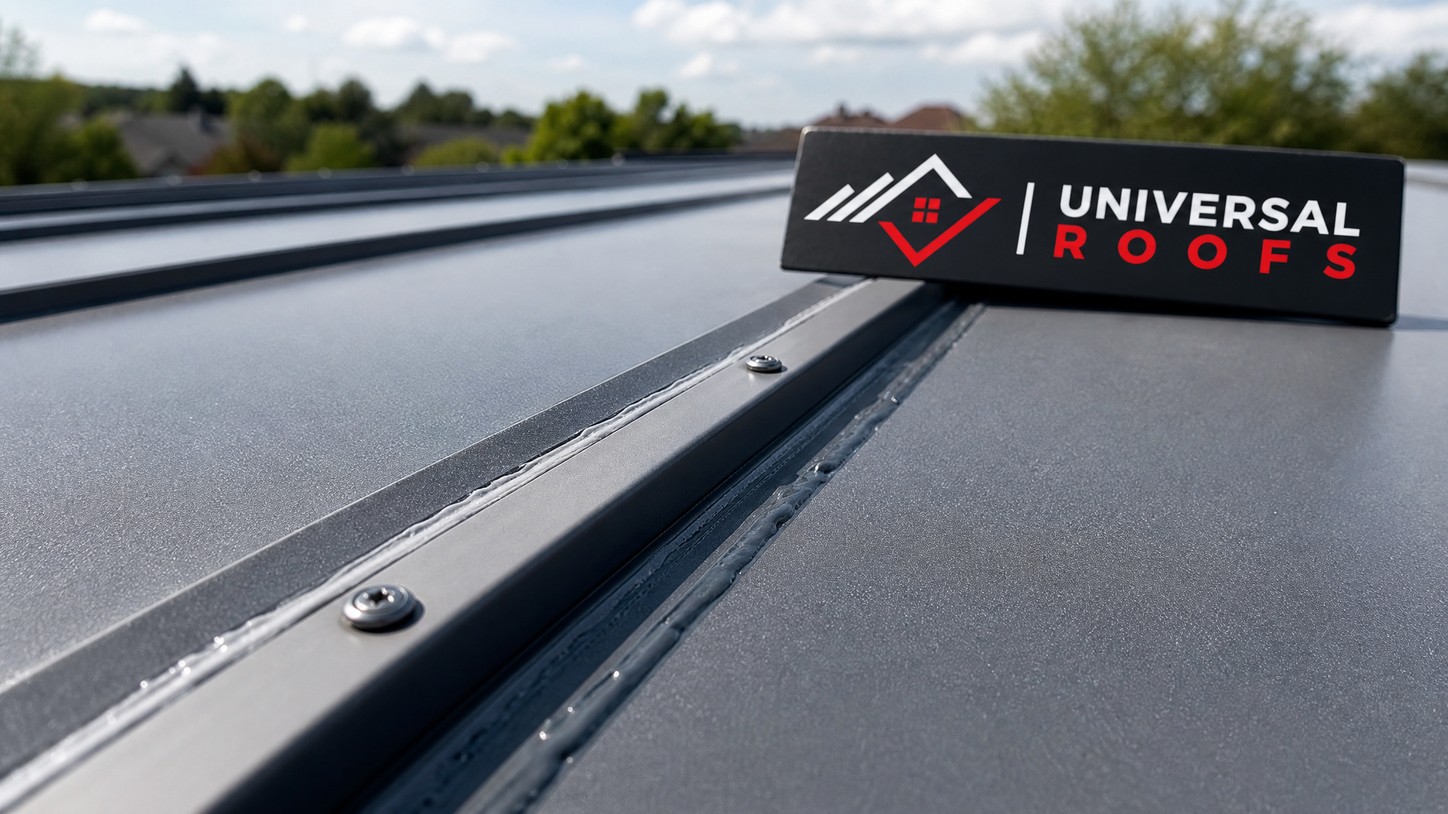Close-up of a standing seam metal roof panel joint freshly resealed with a Universal Roofs branded sign placard visible nearby