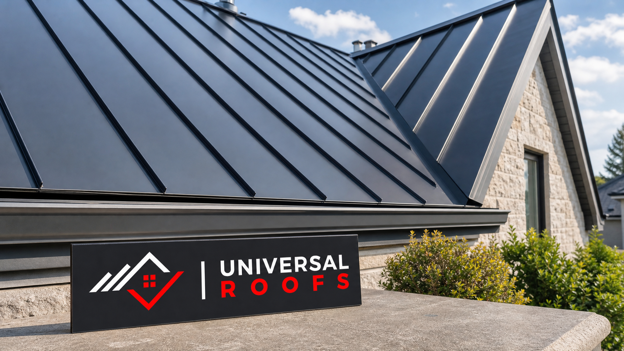 Freshly repaired metal roof on a Toronto home glinting in summer sunlight with a Universal Roofs branded sign placard resting nearby