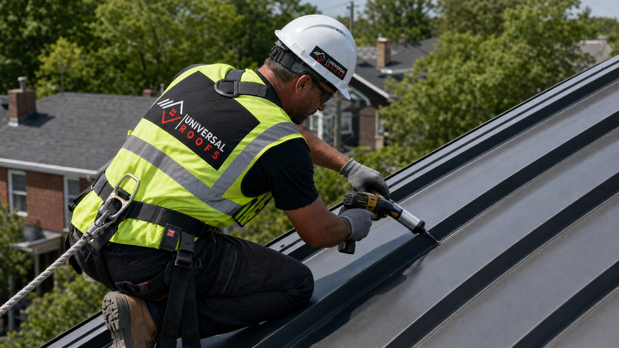 Roofing technician wearing full safety harness, hard hat, and high-visibility vest repairing a seam on a metal roof in Toronto under clear summer sky