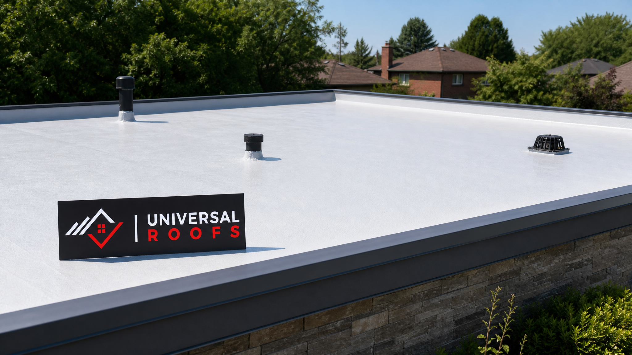 Freshly coated flat roof on a Toronto-area home glowing white and uniform under summer daylight, with a Universal Roofs branded sign placard resting nearby