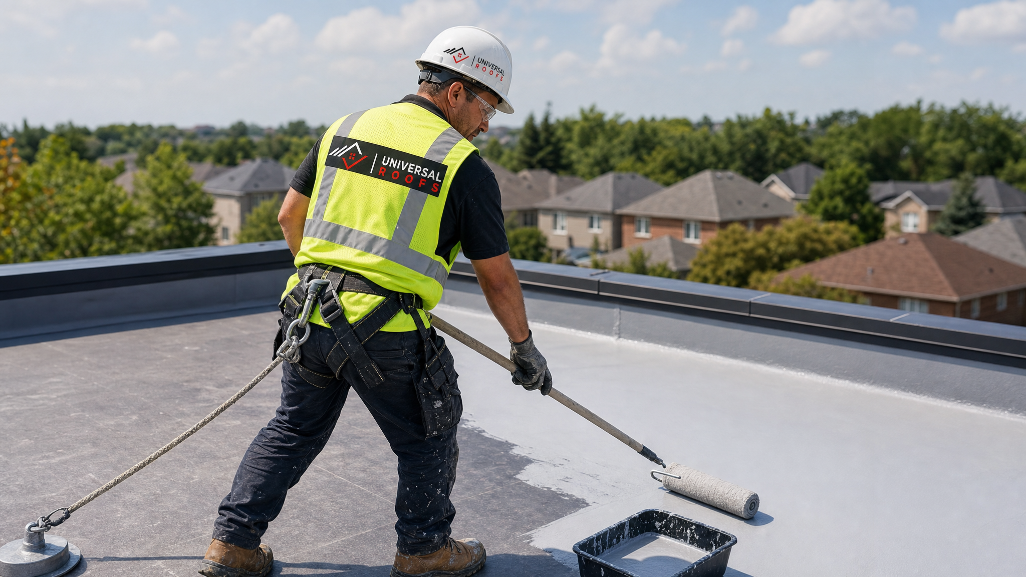 Roofing worker in full safety gear applying a silicone roof coating with a roller on a flat roof in Toronto during summer daylight